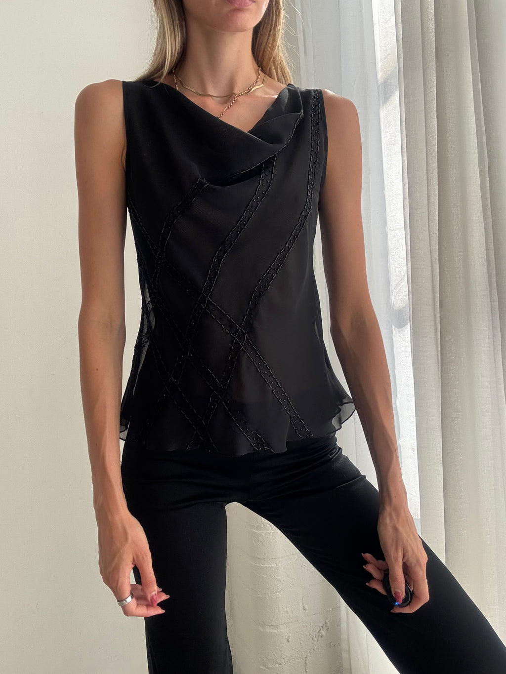 Vintage Y2K Black Sheer Cowl Neck Beaded Top - Size M