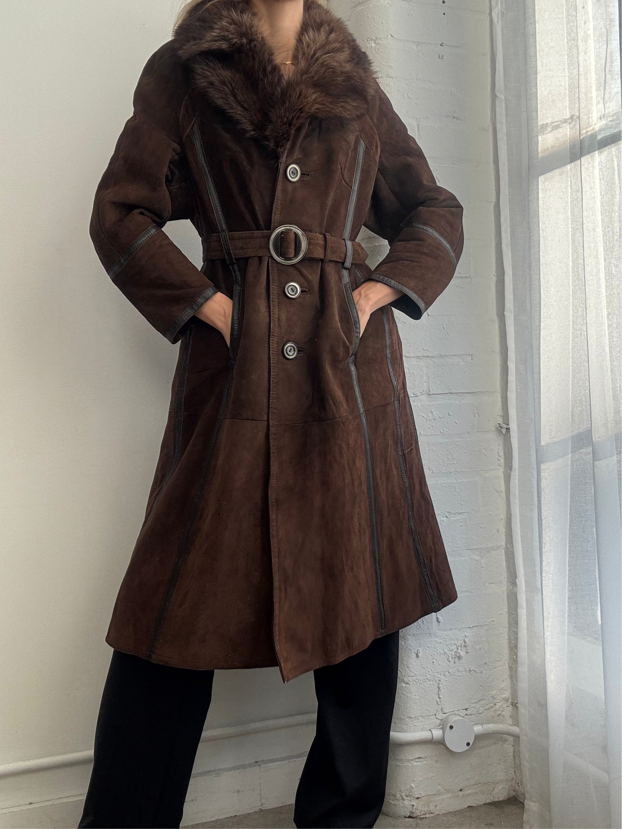 Vintage 90s brown suede sheepskin coat belted
