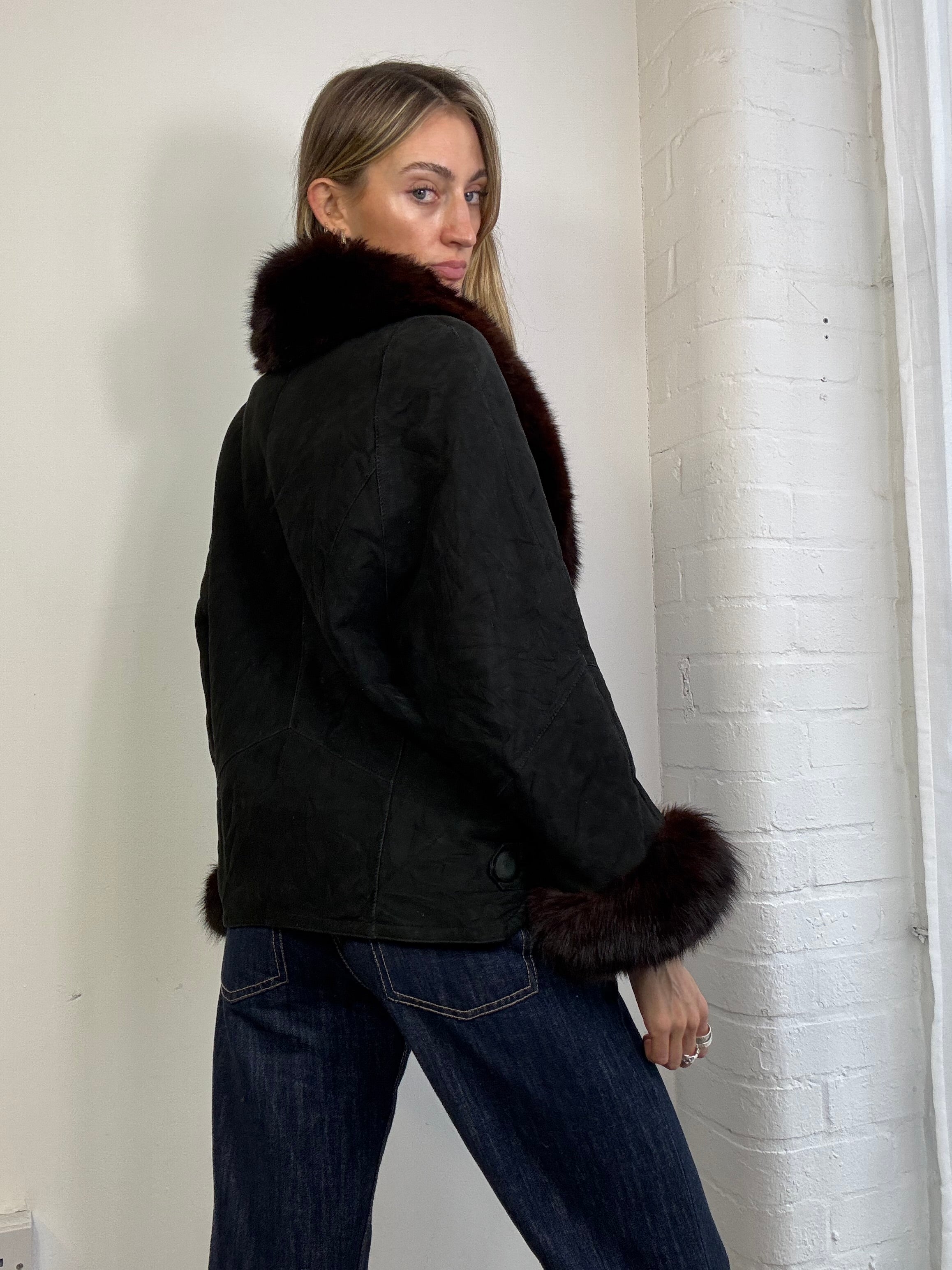 Vintage 90s black suede sheepskin & fox fur trim coat