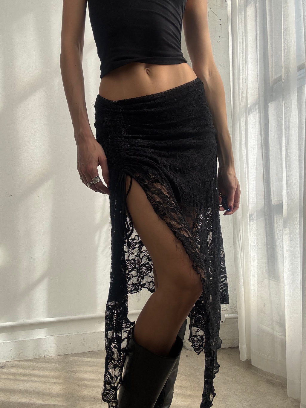 Vintage Y2K black lace asymmetric midi skirt