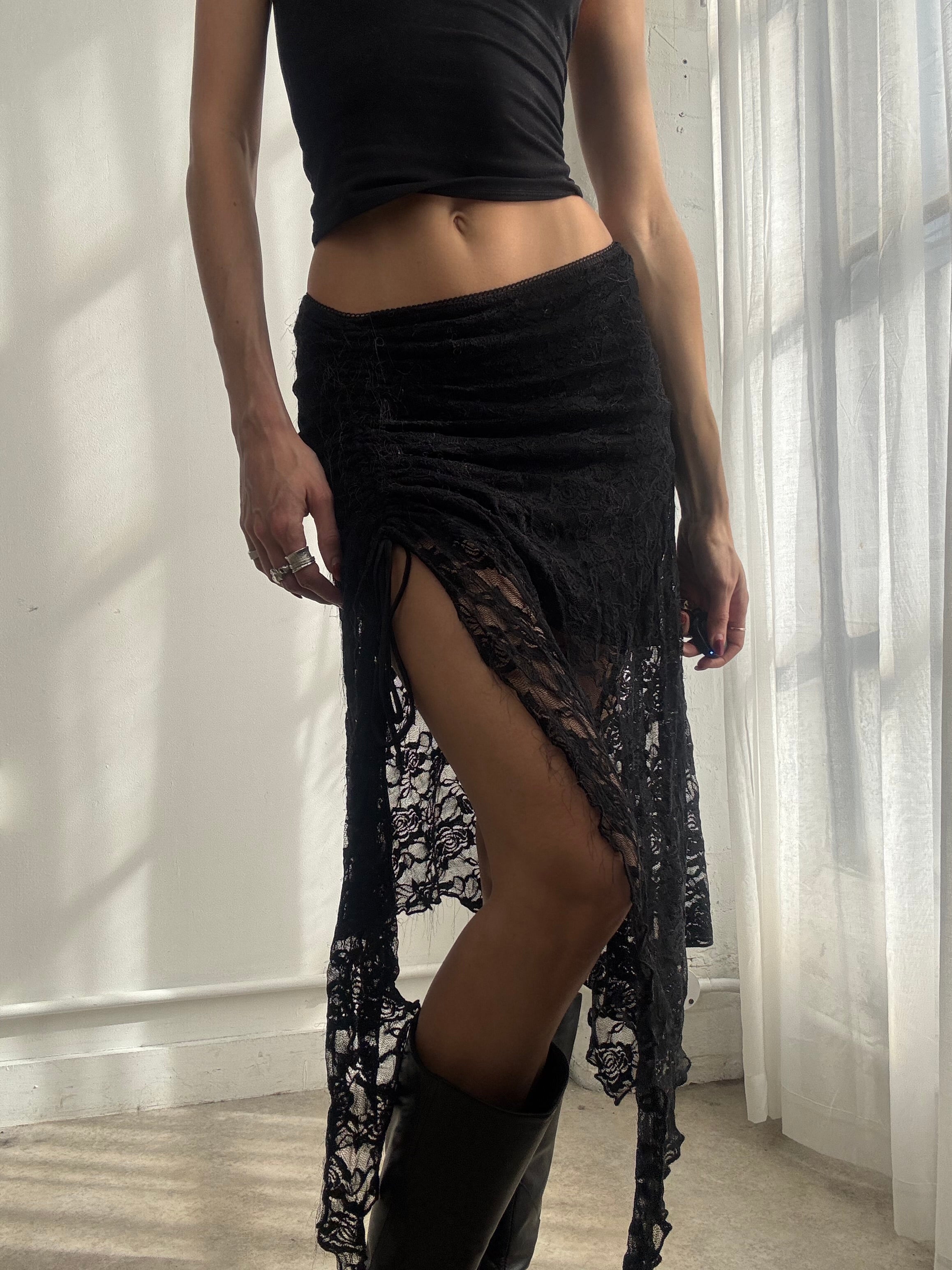 Vintage Y2K black lace asymmetric midi skirt