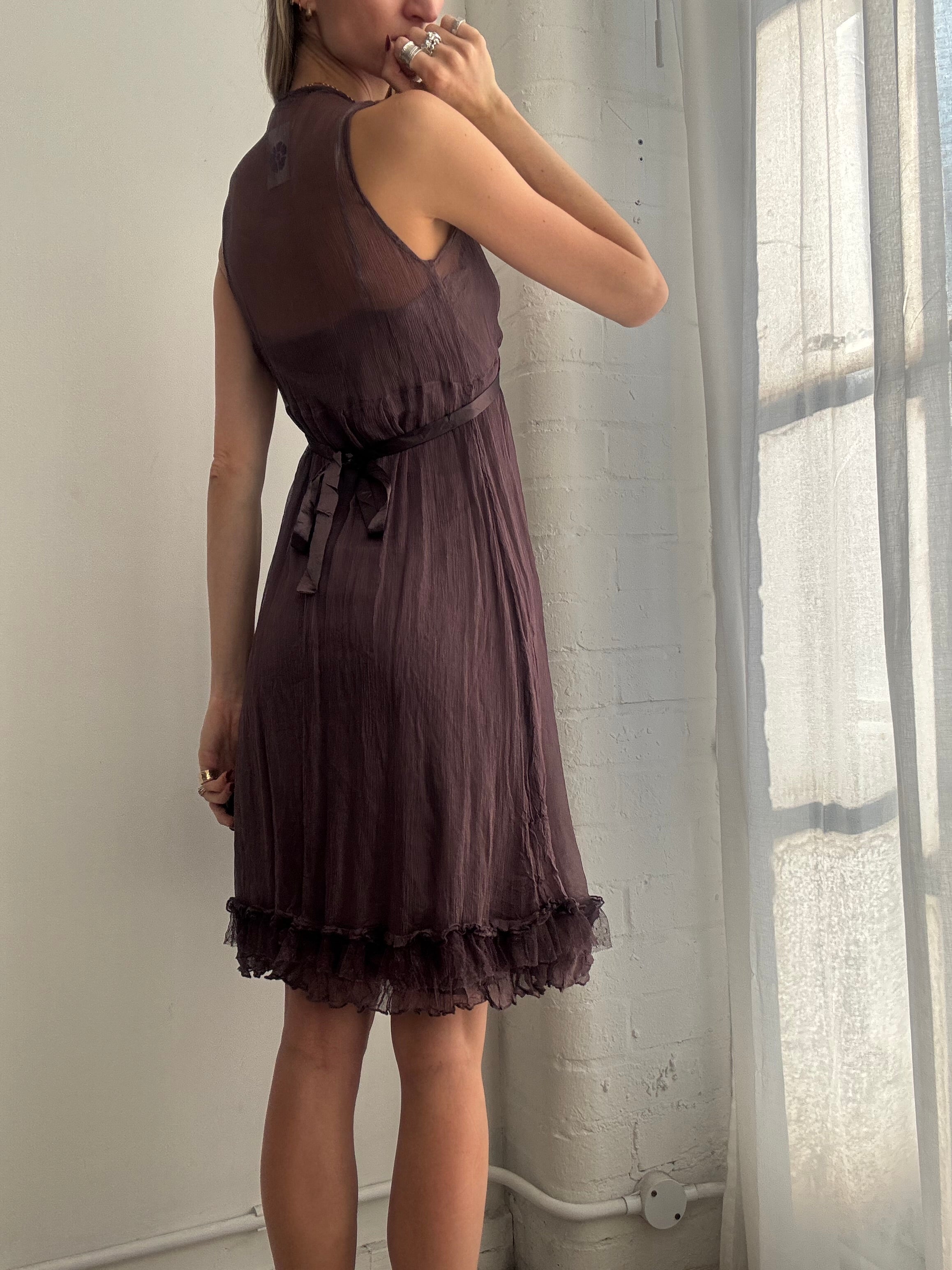 Vintage 90s silk ruffle slip dress plum