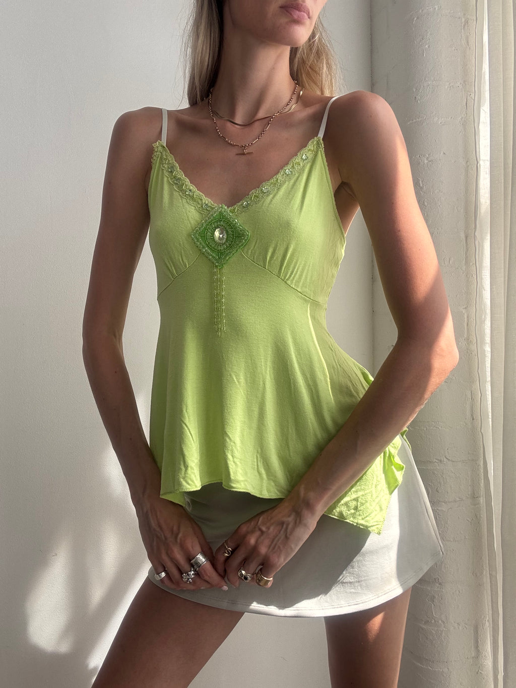 Vintage Y2K Lime Green Embellished Handkerchief Cami Top - Size S/M