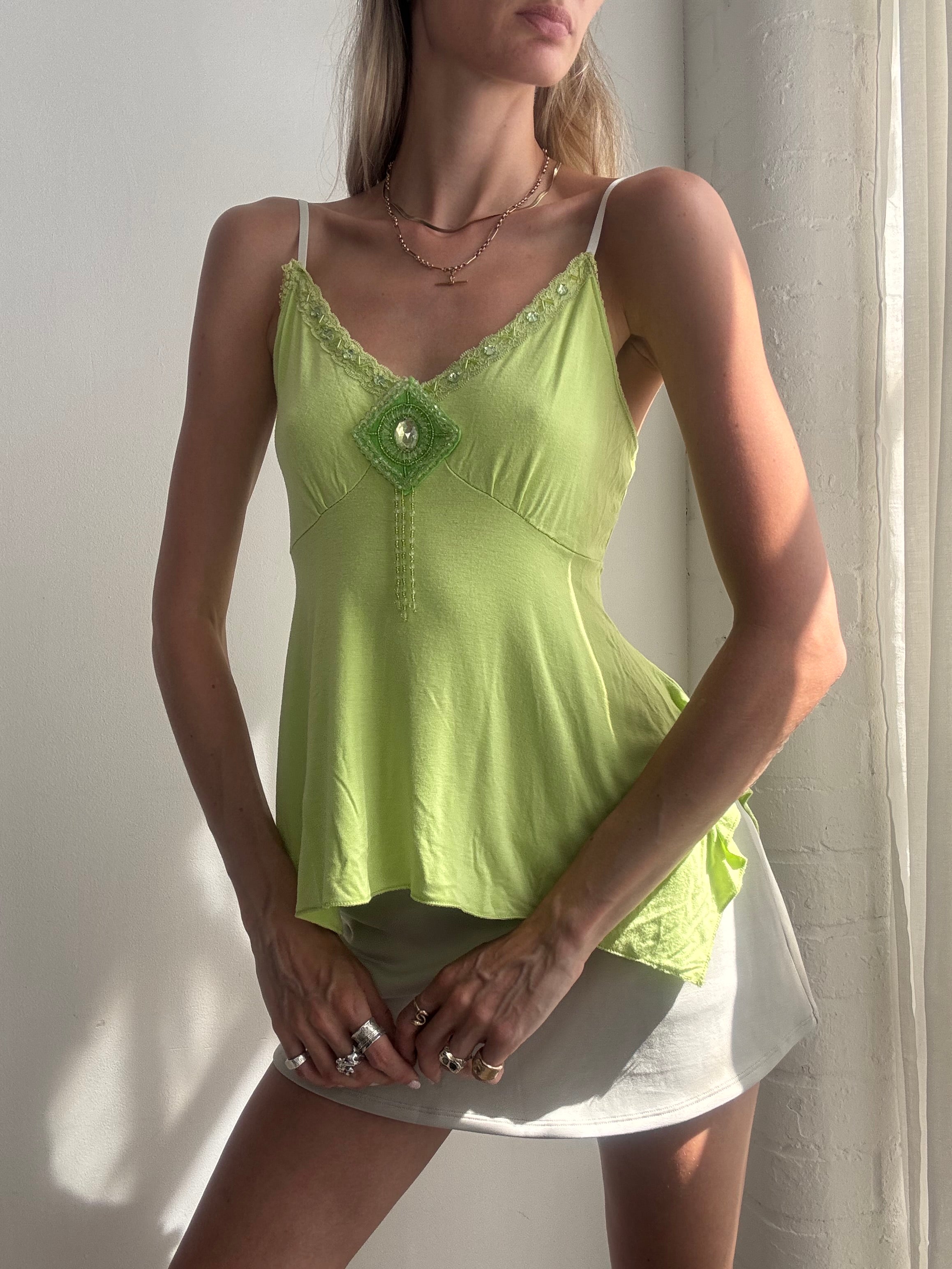 Vintage Y2K Lime Green Embellished Handkerchief Cami Top - Size S/M