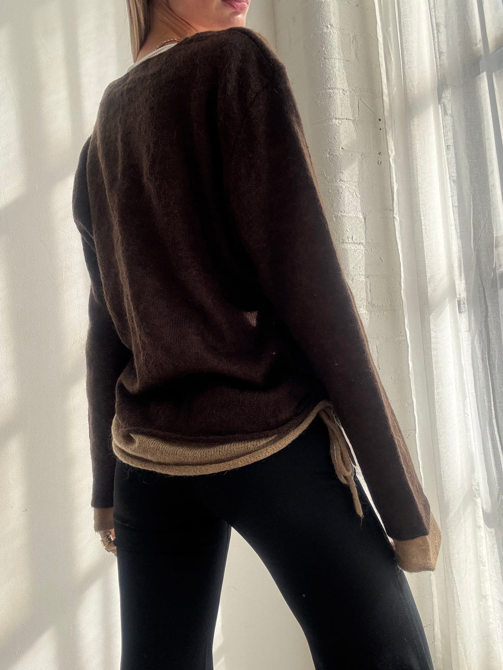 Vintage Y2K Chocolate Brown Layered V Neck Knit Jumper - Size L
