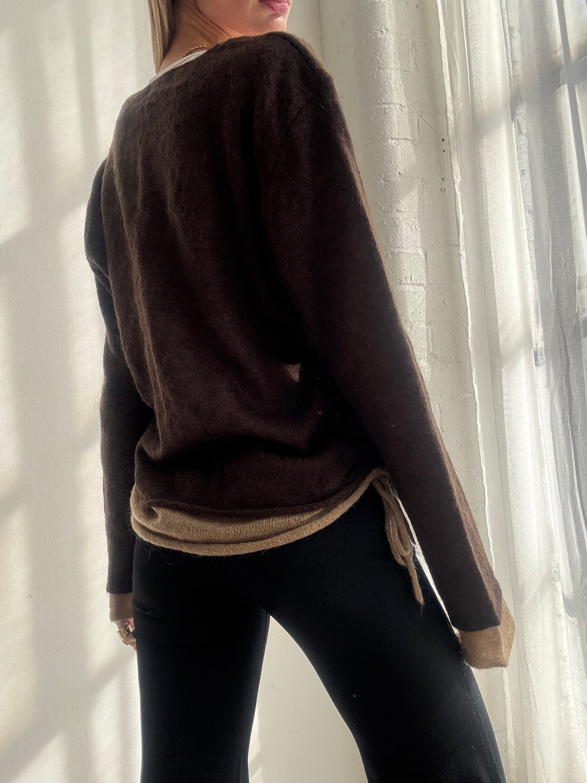 Vintage Y2K Chocolate Brown Layered V Neck Knit Jumper - Size L