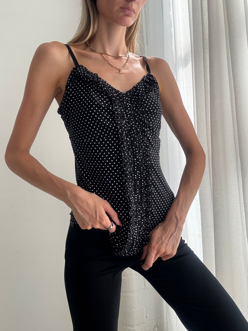 Vintage Y2K Black Polkadot Cami Top Ruffle - Size M