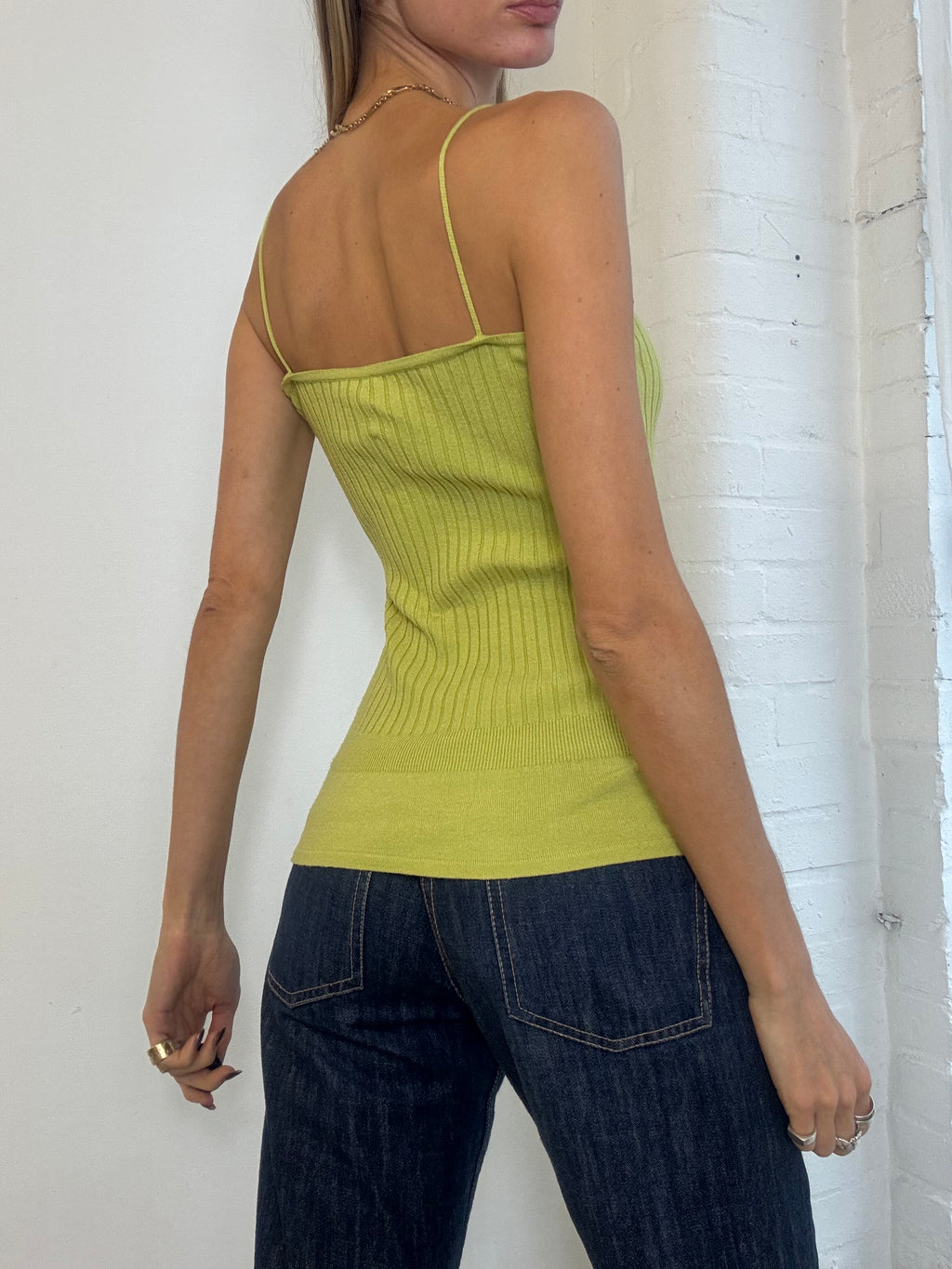 Vintage Y2K Lime Green Ribbed Knit Cami Top - Size S