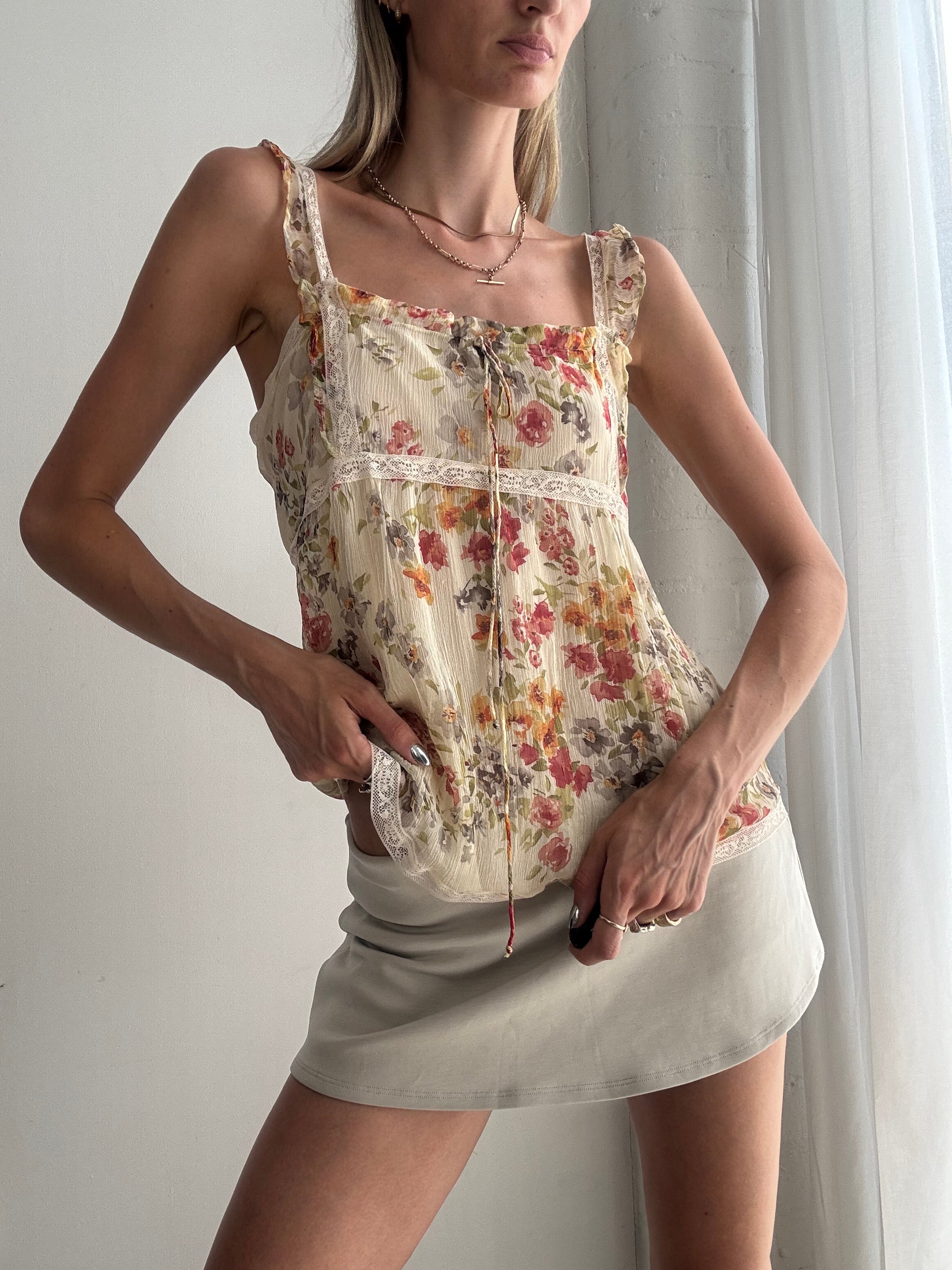 Vintage Y2K Floral Lace Trim Silk Cami Top – Romantic Cottagecore Boho Tank - Size L