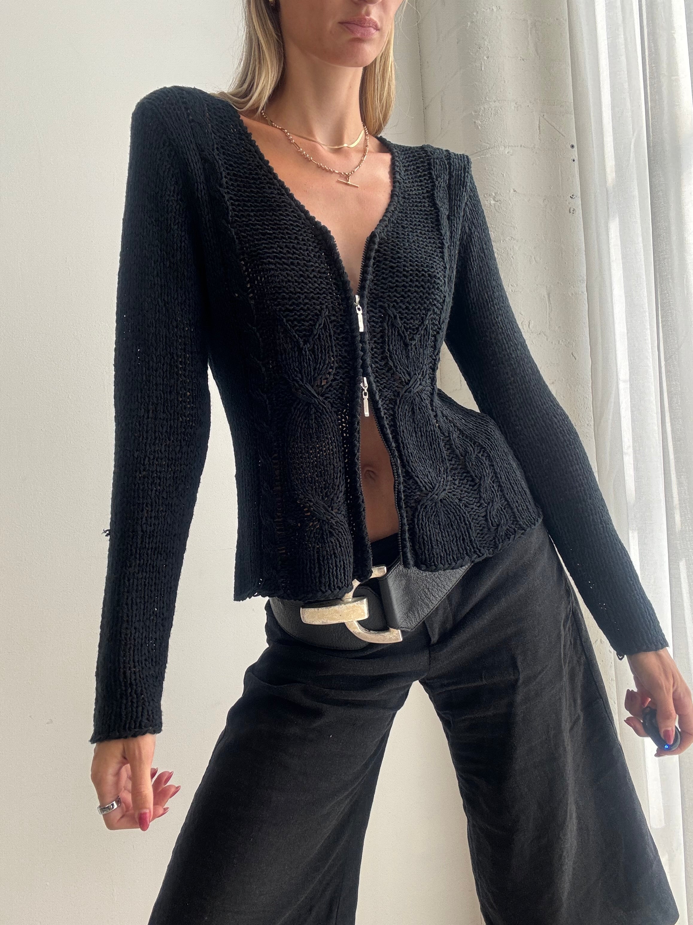 Vintage Y2K Black Knit Fitted Dual Zip Cardigan Jumper - Size M