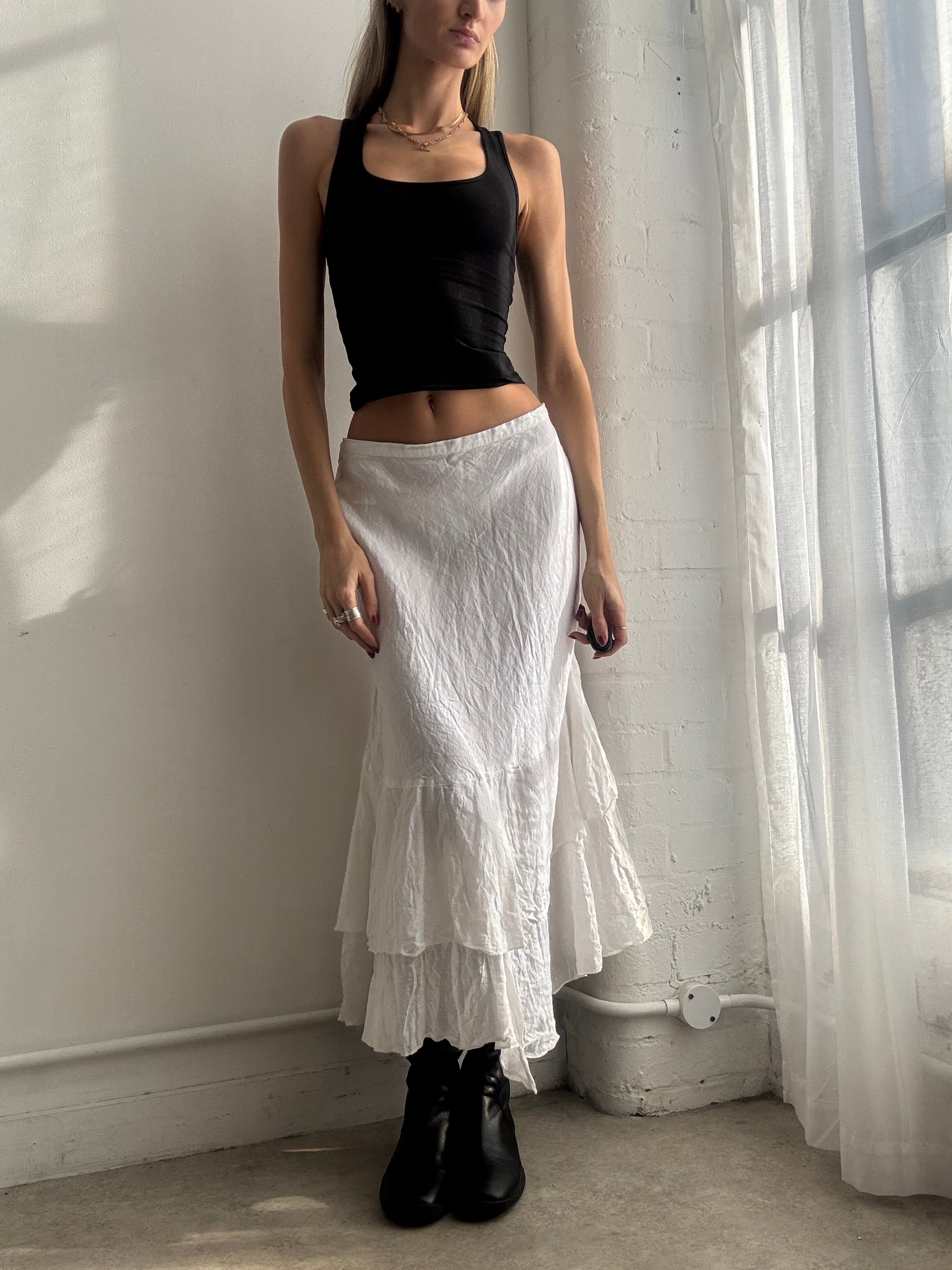 Vintage Y2K white linen ruffle maxi skirt