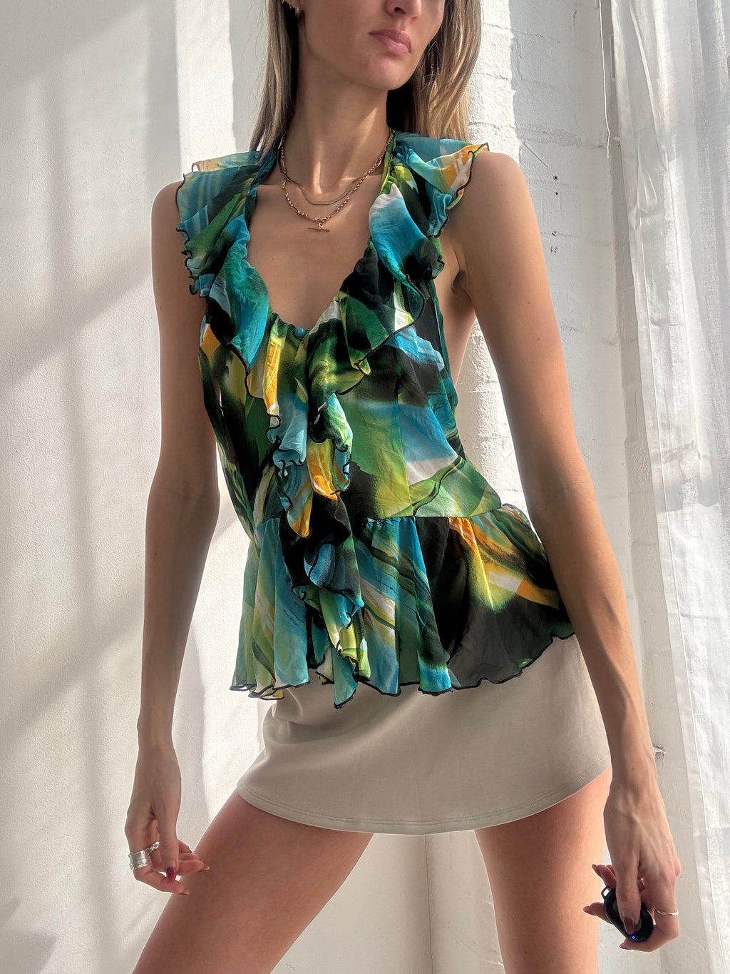Vintage Y2K green abstract ruffle mesh halter top