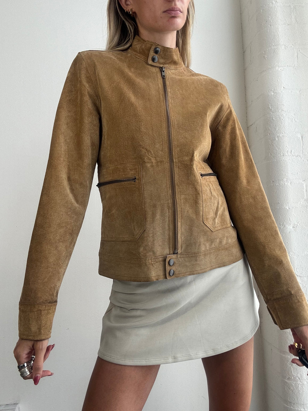 Vintage Y2K Tan Suede Fitted Biker Jacket - Size M