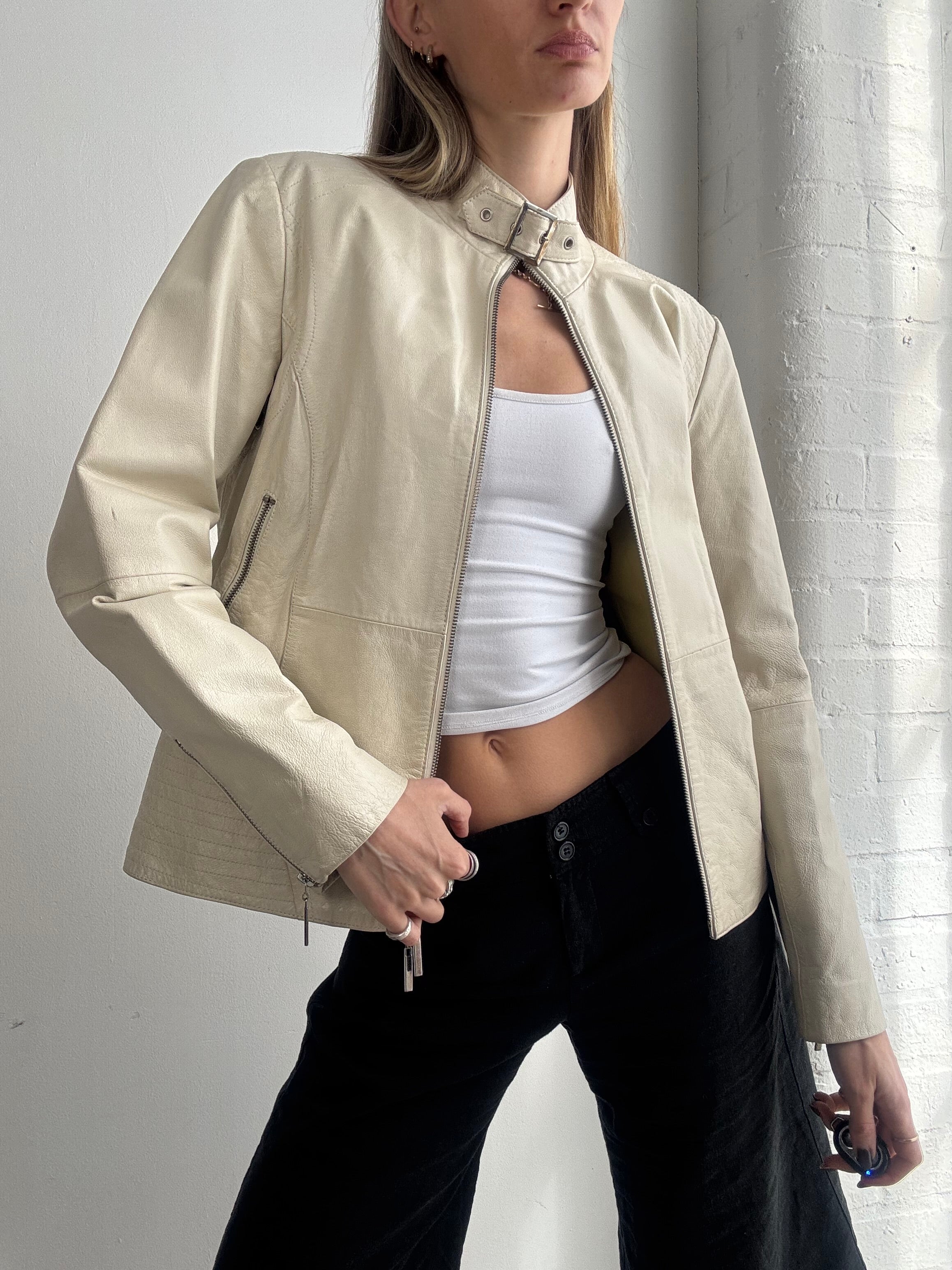 Vintage Y2K cream leather biker jacket - Size M