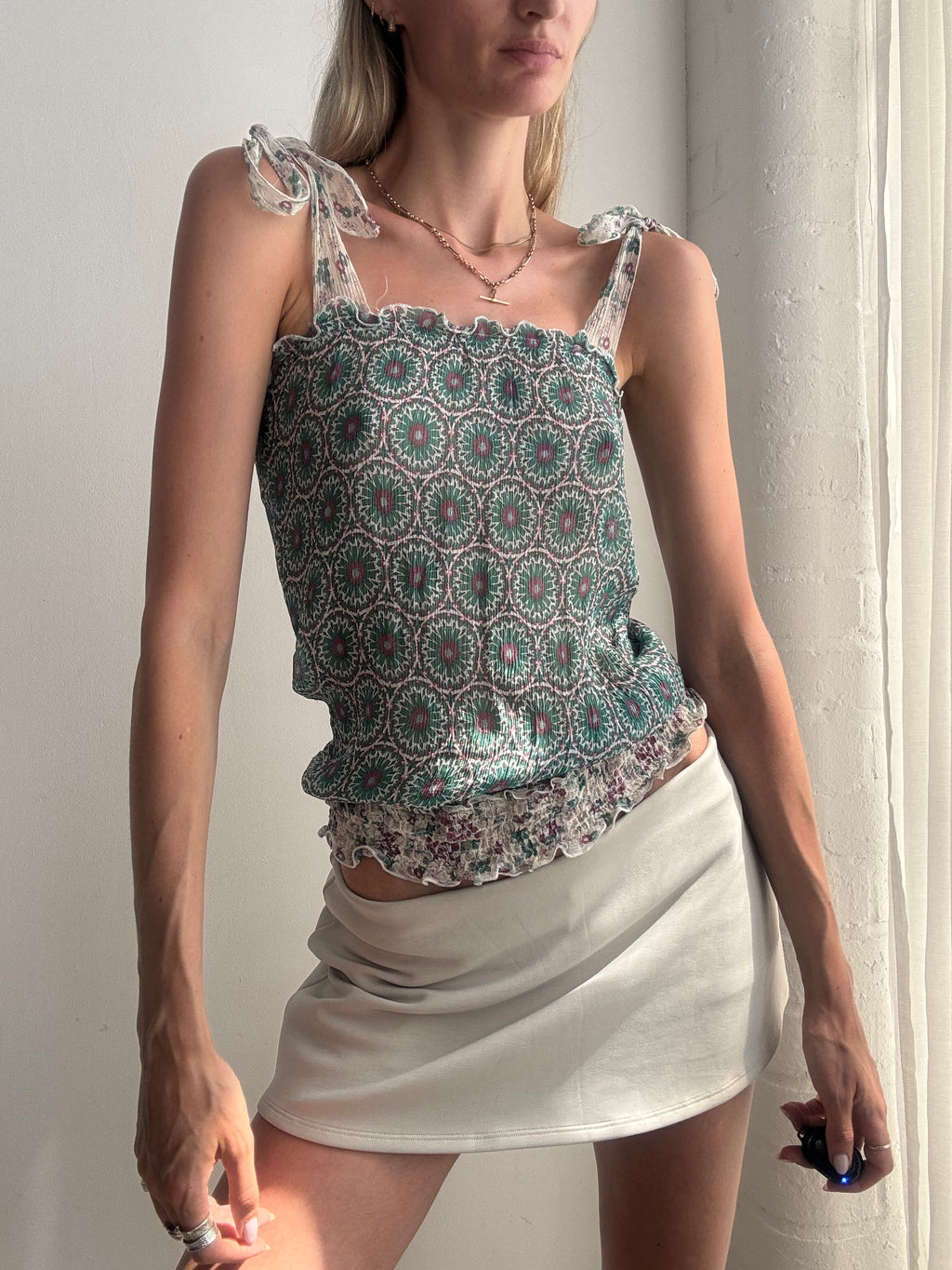 Vintage Y2K Mosaic Print Silk Tie Strap Cami Top - Size S