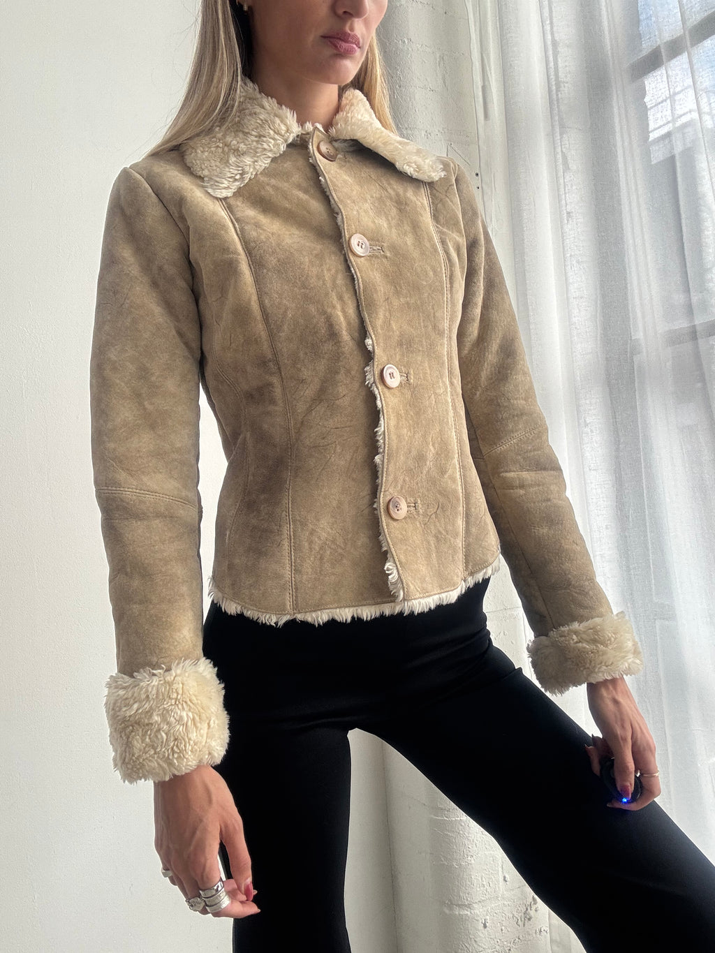 Vintage Y2K Tan Suede Faux Fur Trim Jacket - Size XS