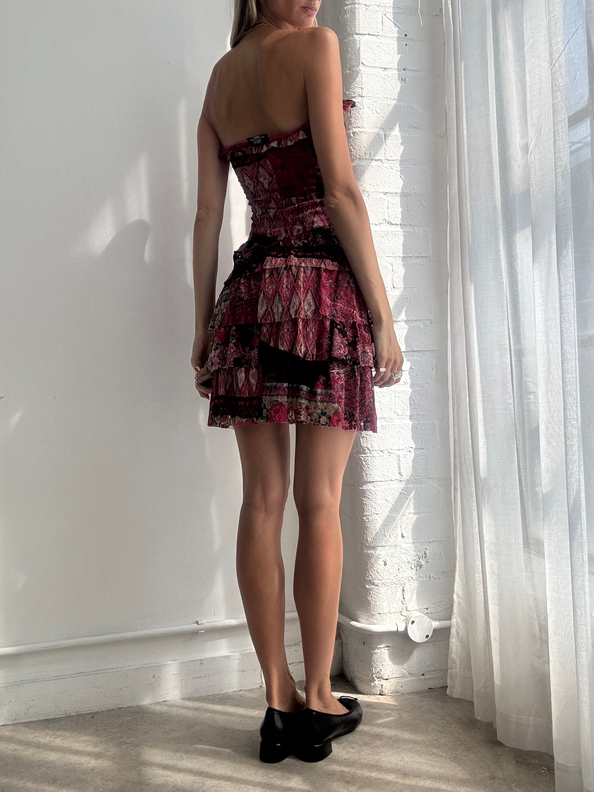 Vintage Y2K Pink & Black Lace Corset Floral Mini Dress - Size S