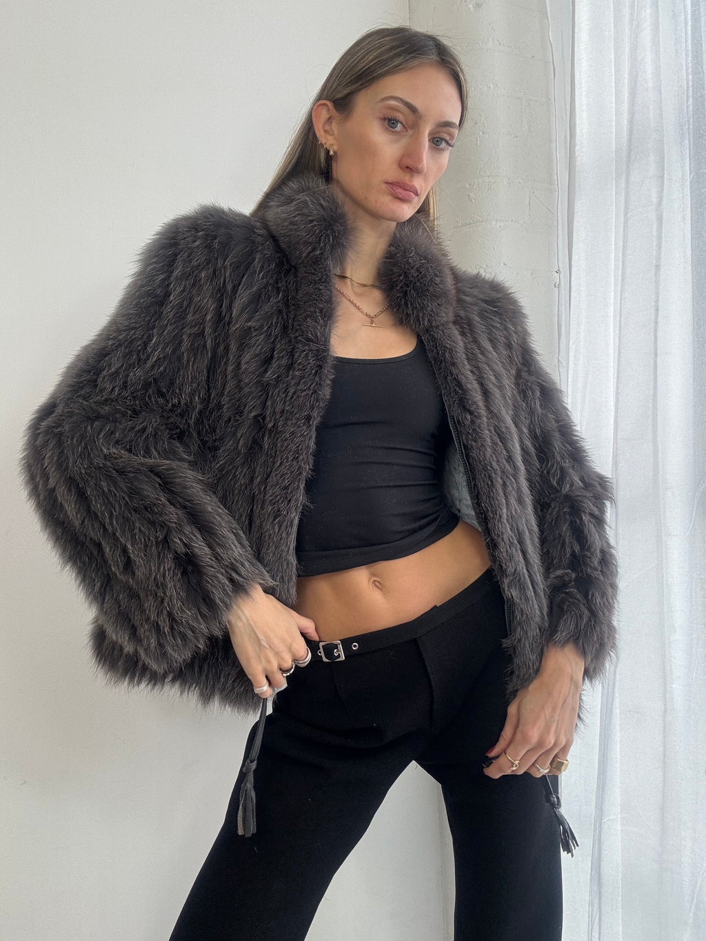 Vintage 90s plush grey fox fur coat