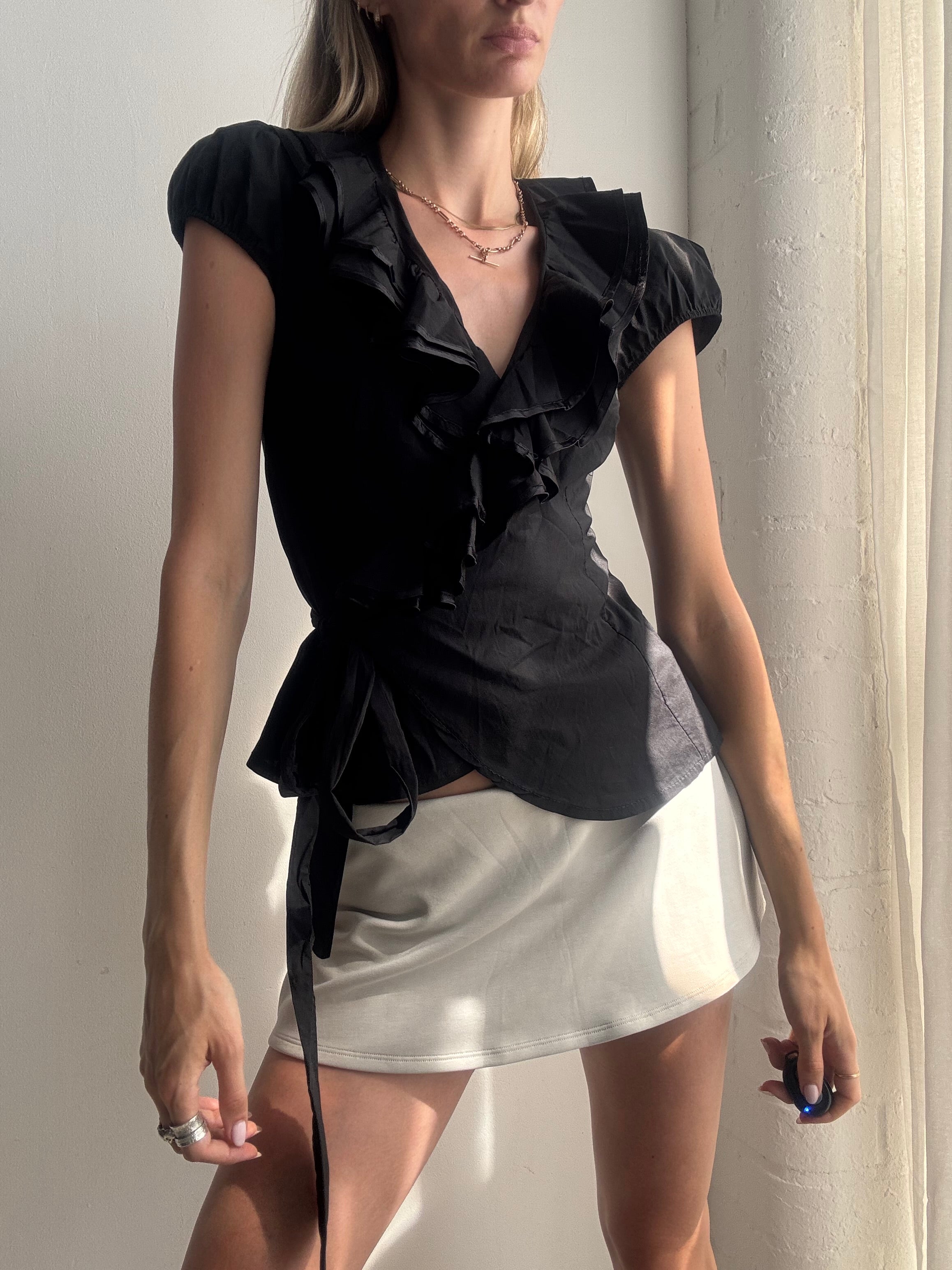 Vintage Y2K Black Ruffle Wrap Blouse - Size S