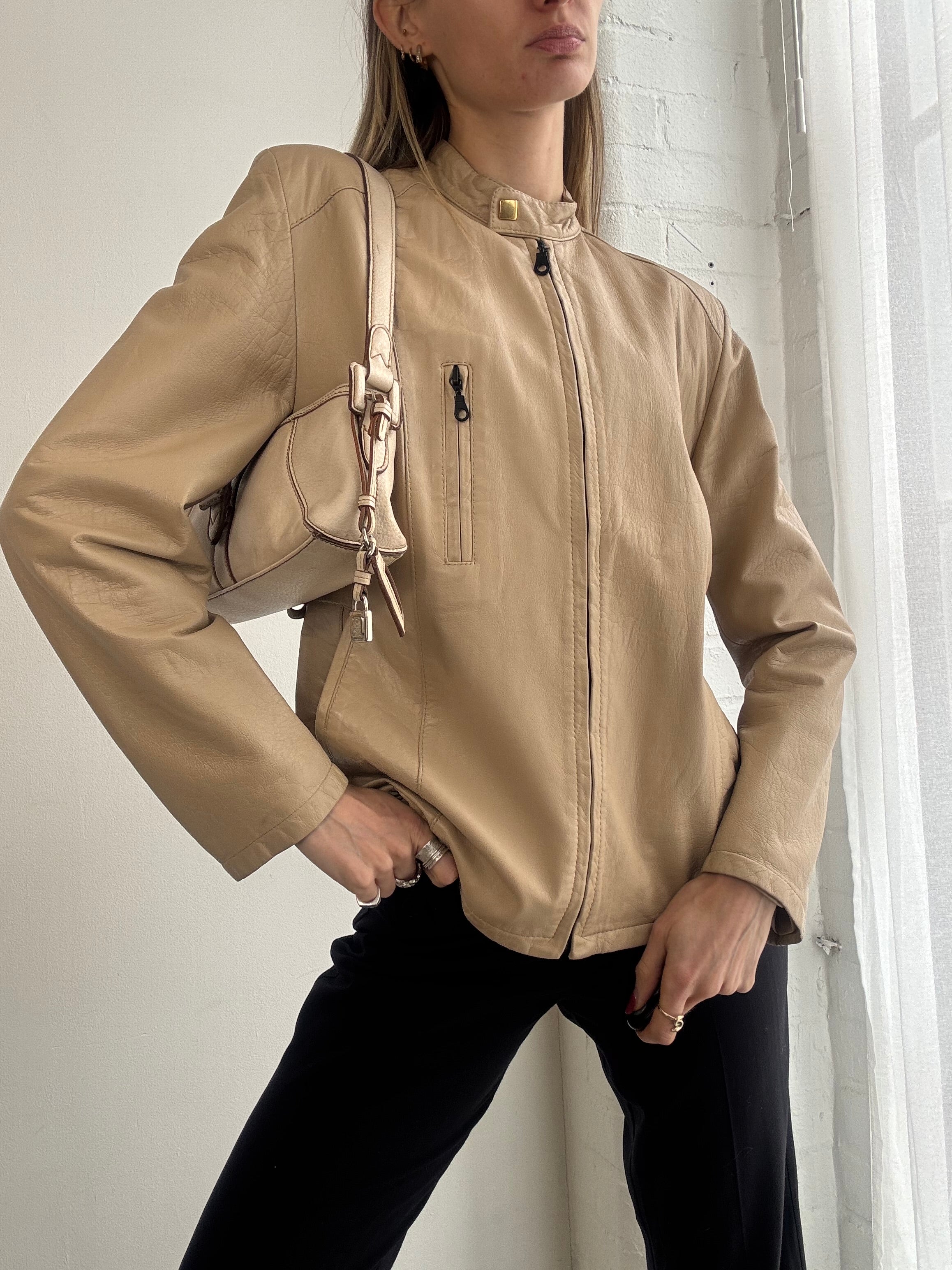Vintage Y2K tan leather biker-style jacket