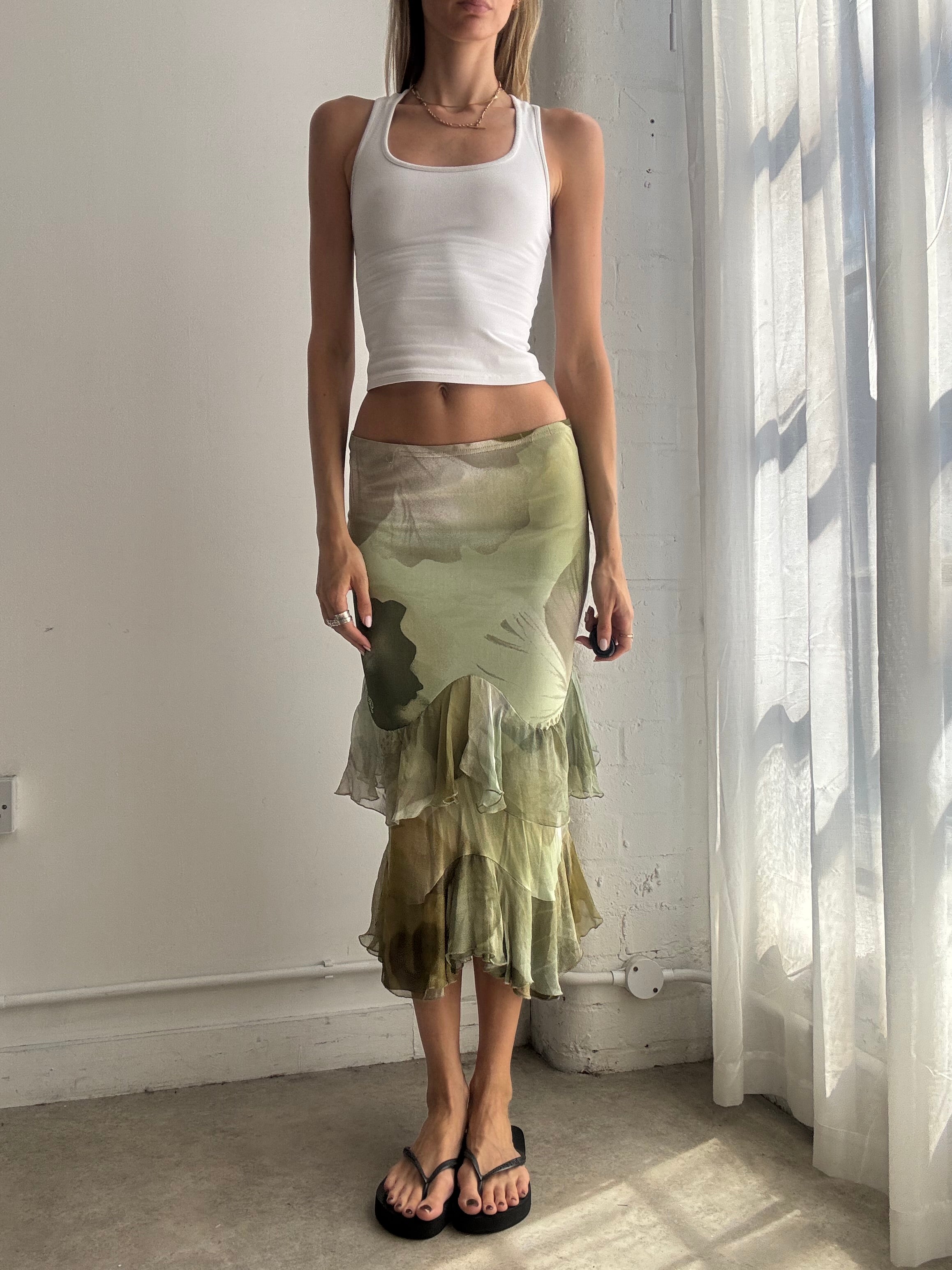 Vintage Sage Green Floral Ruffle Midi Skirt Y2K - Size XS/S