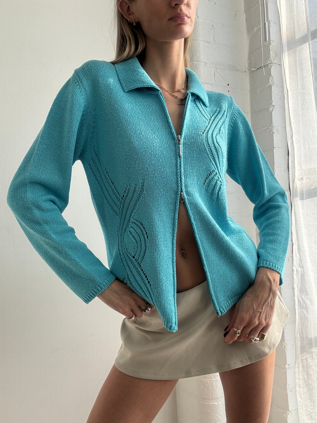 Vintage Y2k Turquoise Knitted Dual Zip Jumper