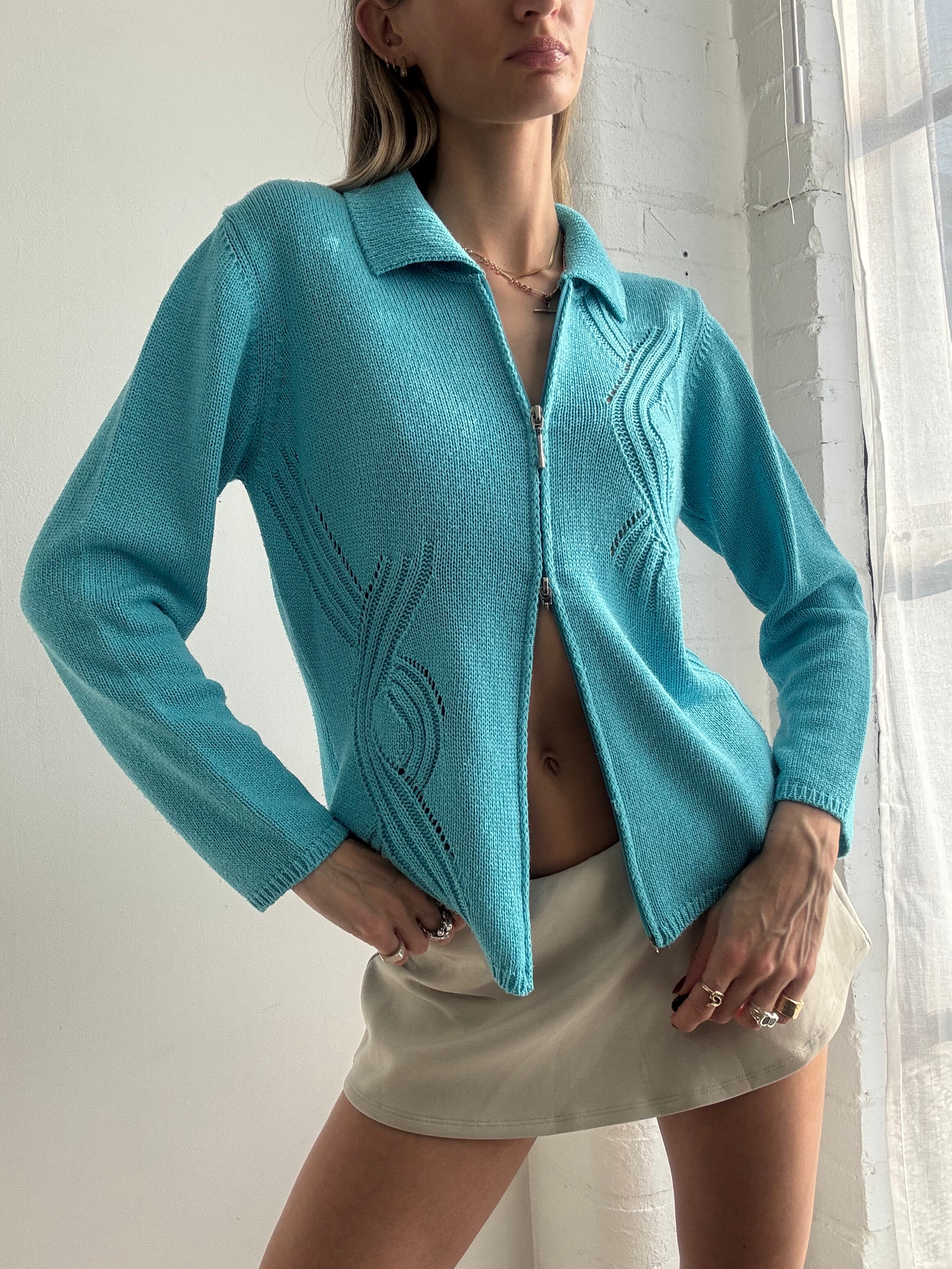 Vintage Y2k Turquoise Knitted Dual Zip Jumper