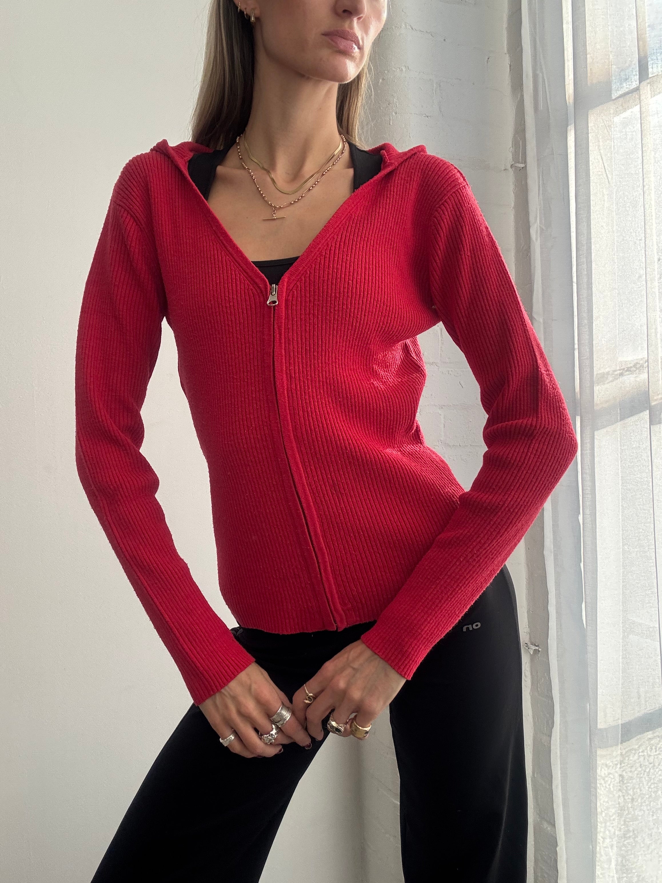 Vintage Y2K red ribbed zip up hoodie