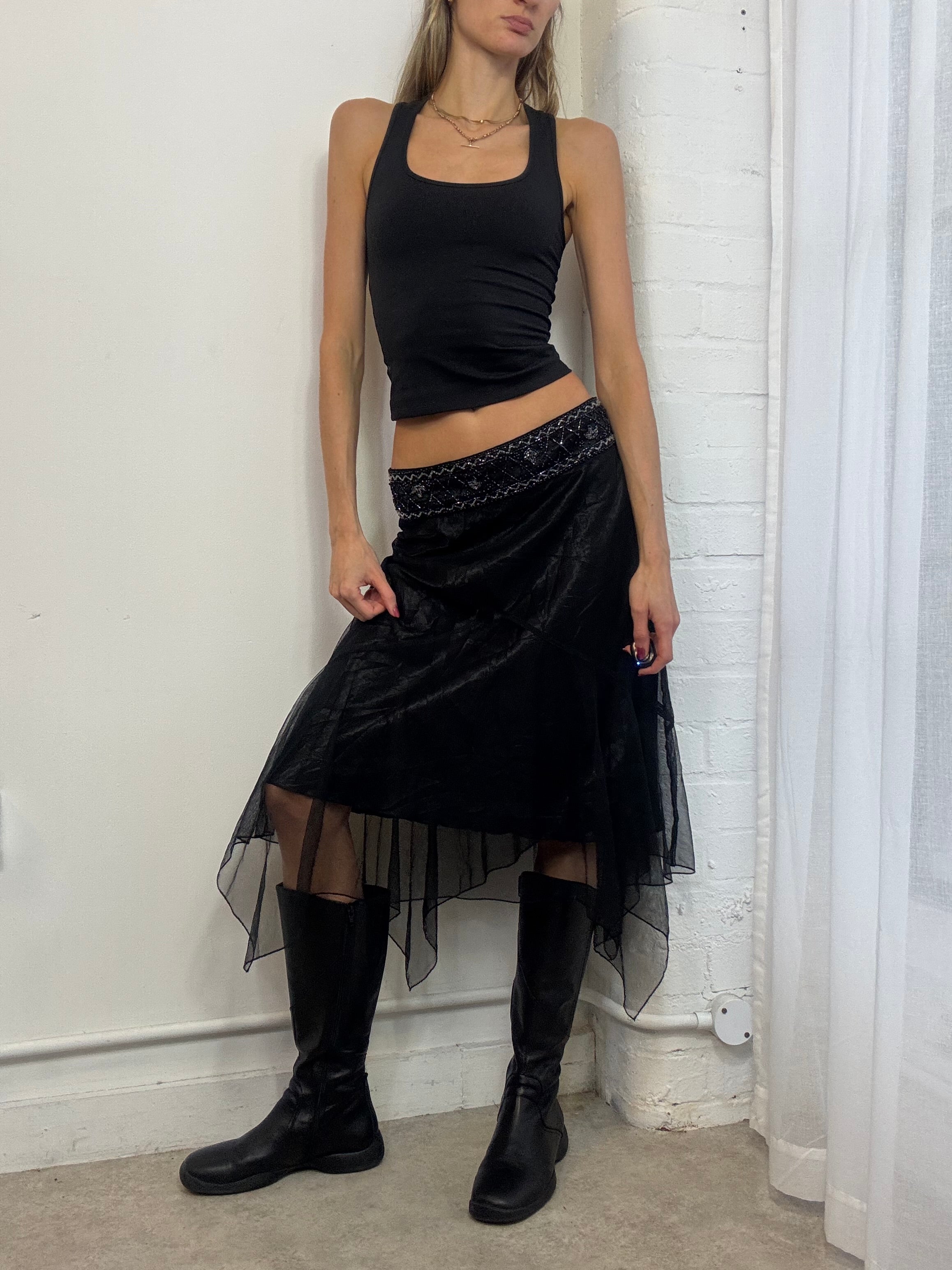 Vintage Y2K black mesh midi skirt beaded