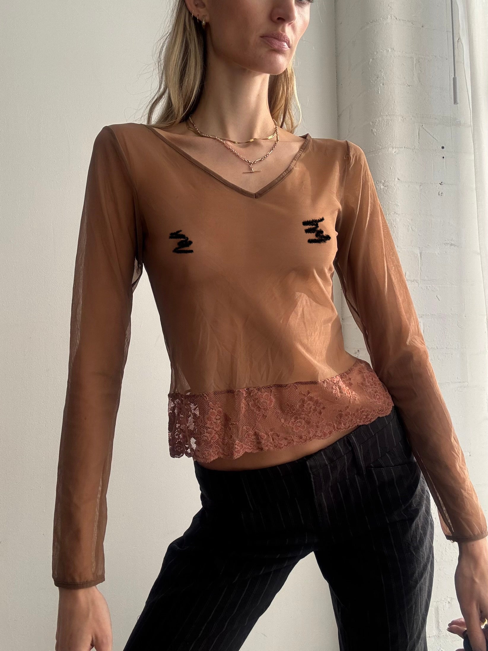 Vintage Y2K brown intimissimi long sleeve mesh and lace top