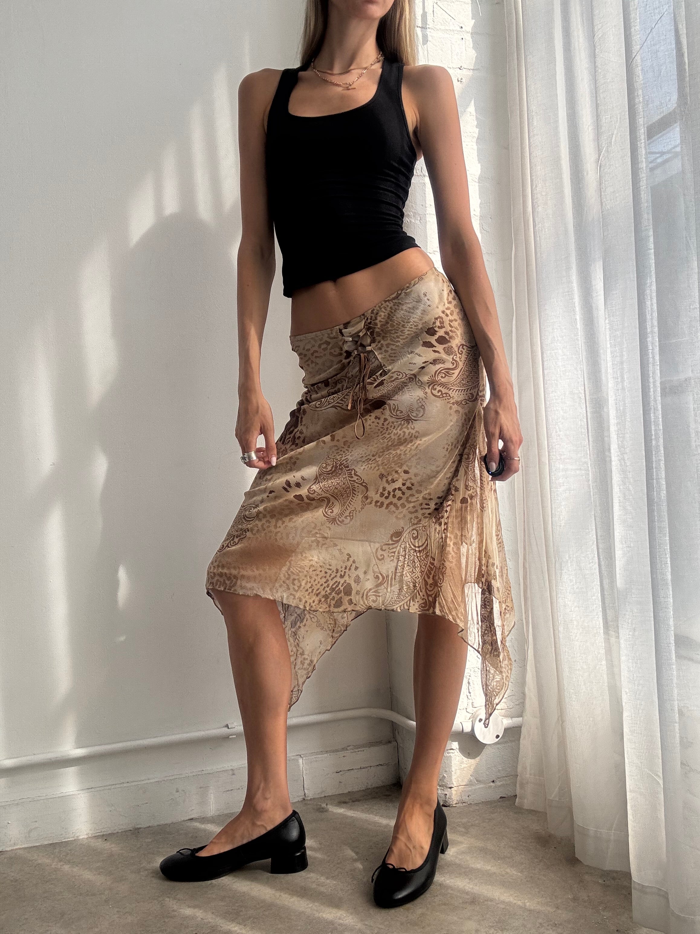 Vintage Y2K Brown Animal Print Asymmetric Mesh Midi Skirt - Size XS/S