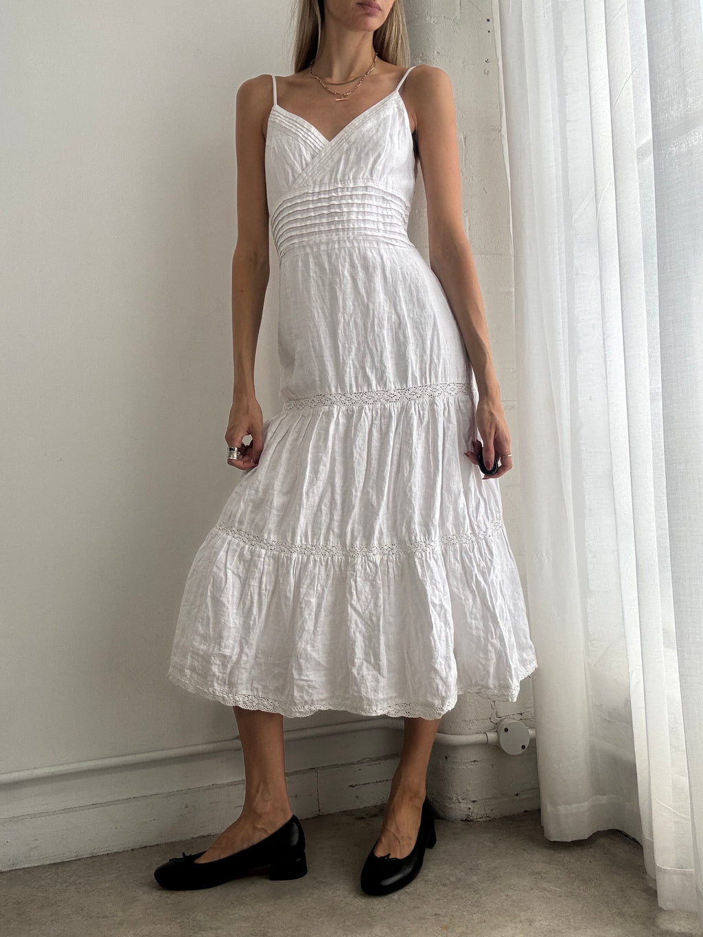 Vintage Y2K White Tiered Cotton Midi Dress - Size S