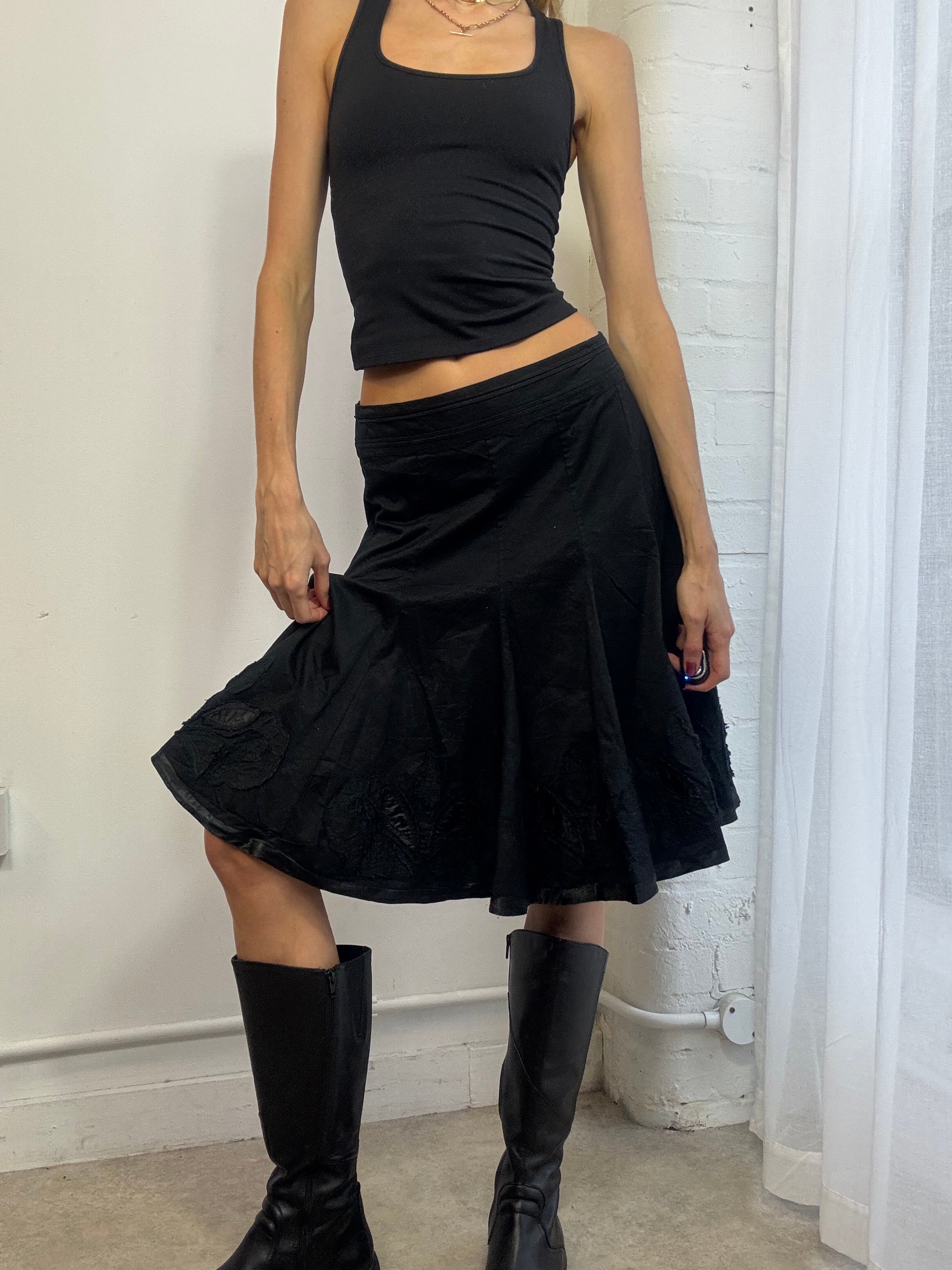 Vintage Y2K embroidered floral black cotton midi skirt