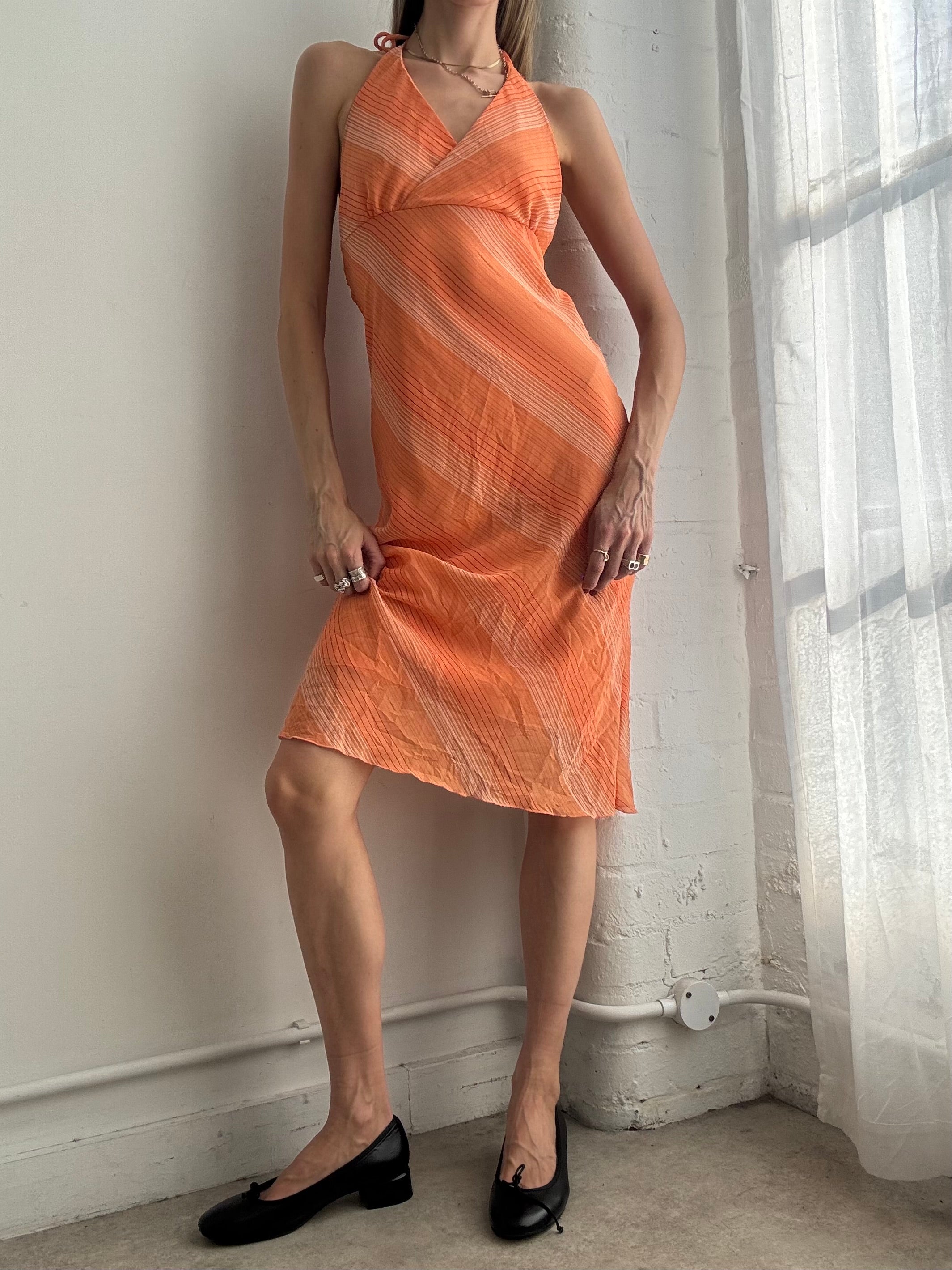 Vintage Y2k Orange Stripe Halter Neck Mesh Mid Dress Summer