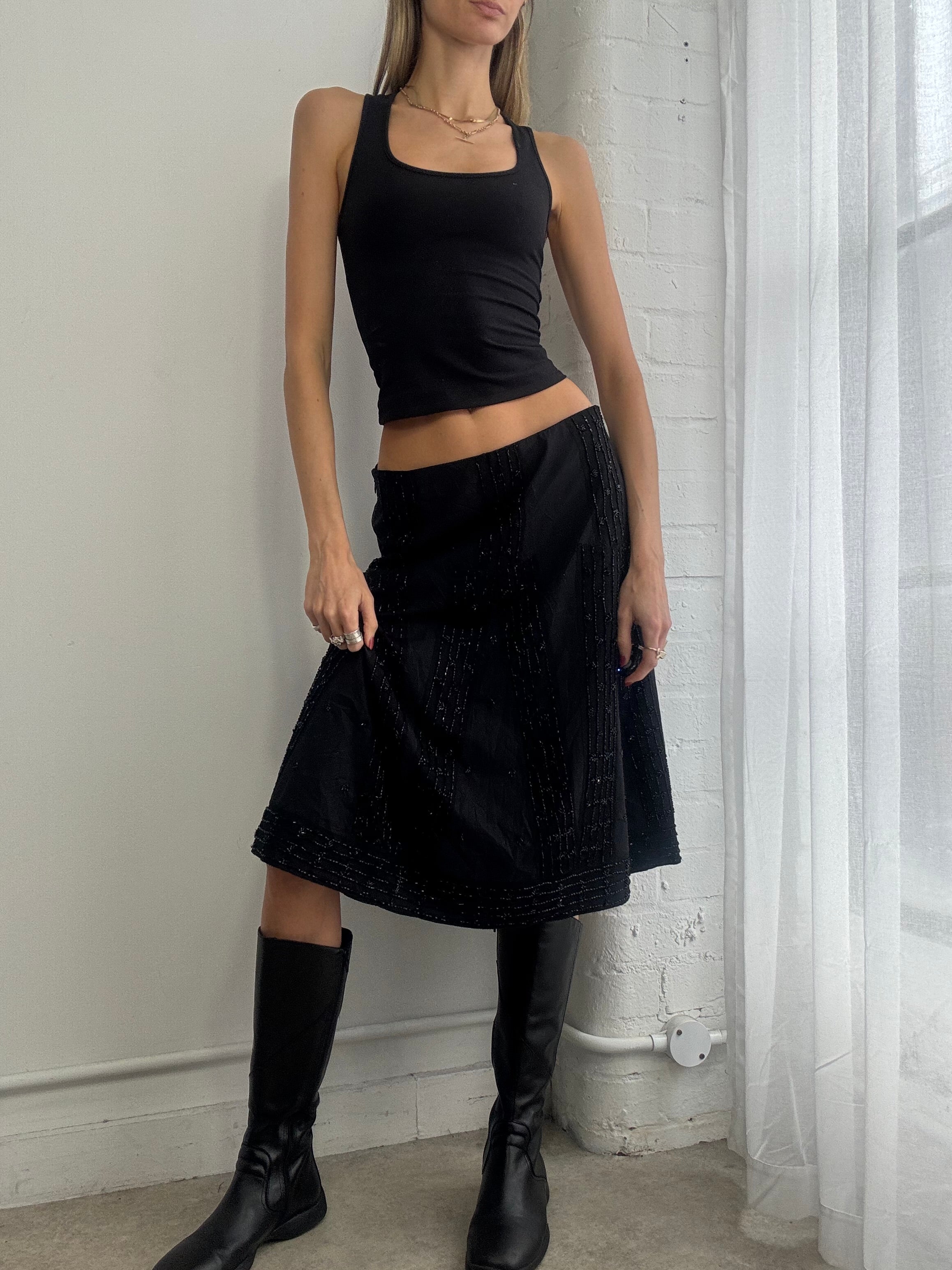Vintage Y2K esprit beaded black midi skirt