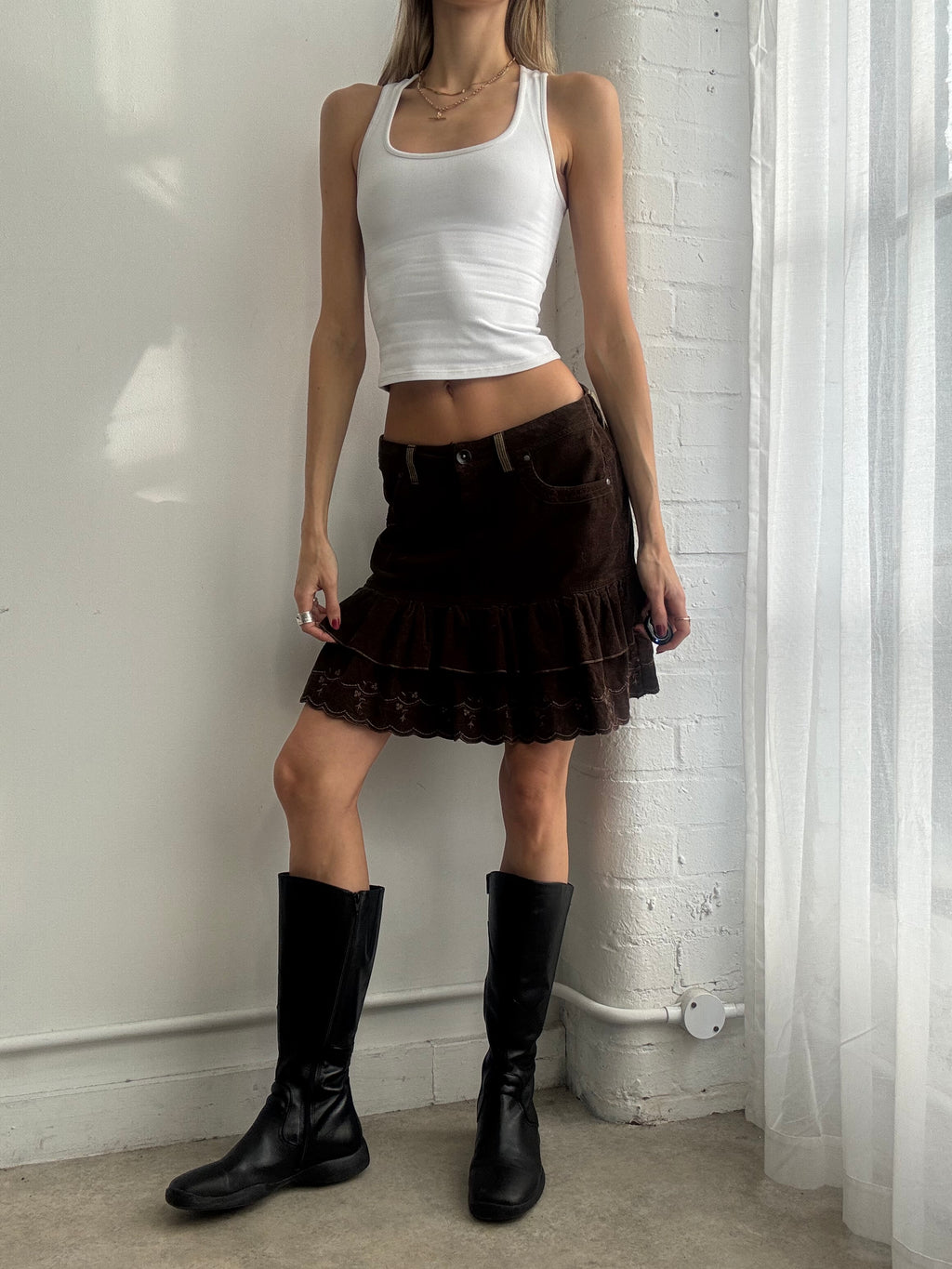 Vintage Y2K brown cord embroidered midi skirt