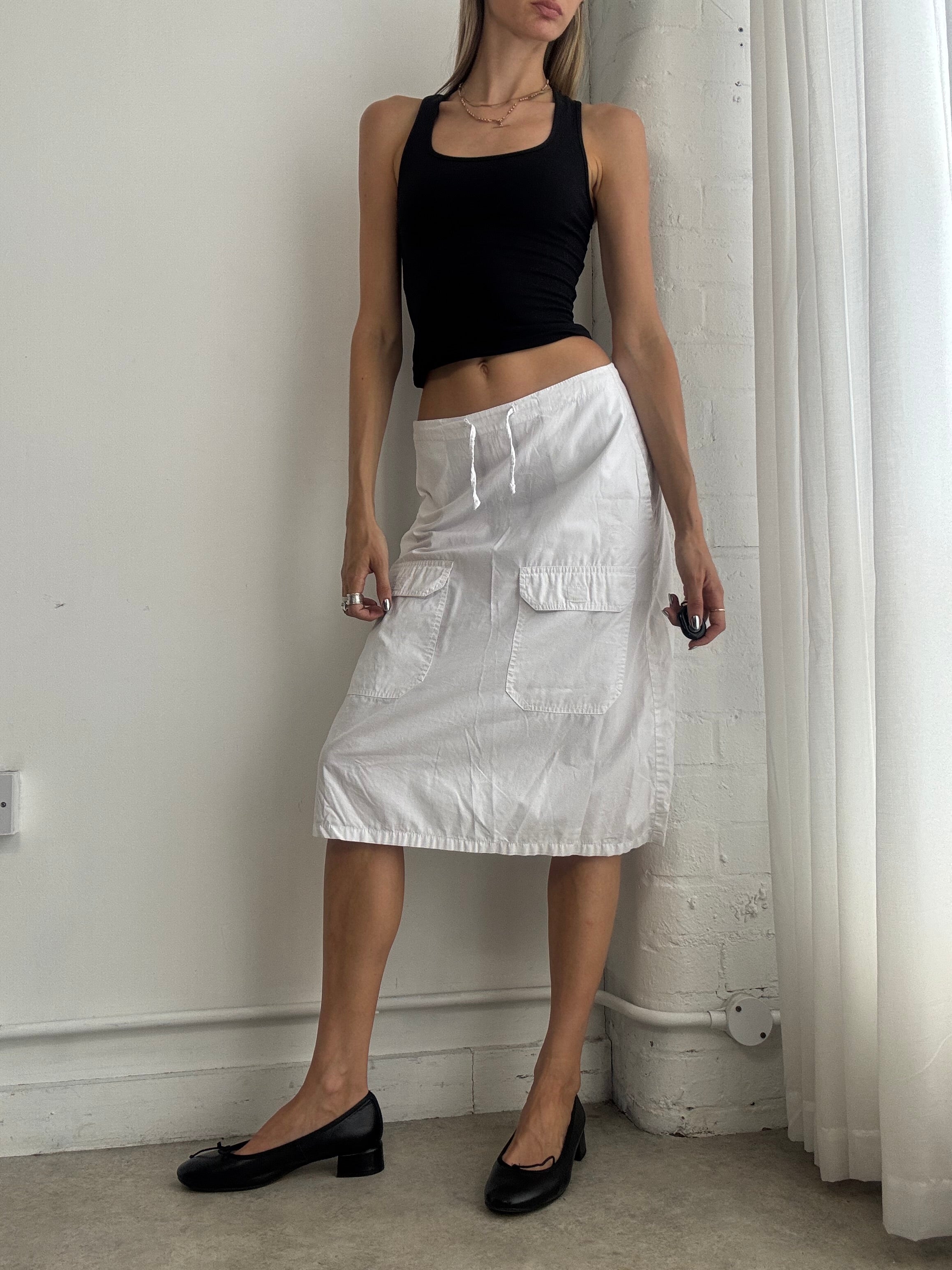 Vintage Y2K White Cargo Midi Skirt – Low Rise Utility Cotton Skirt - Size XS/S