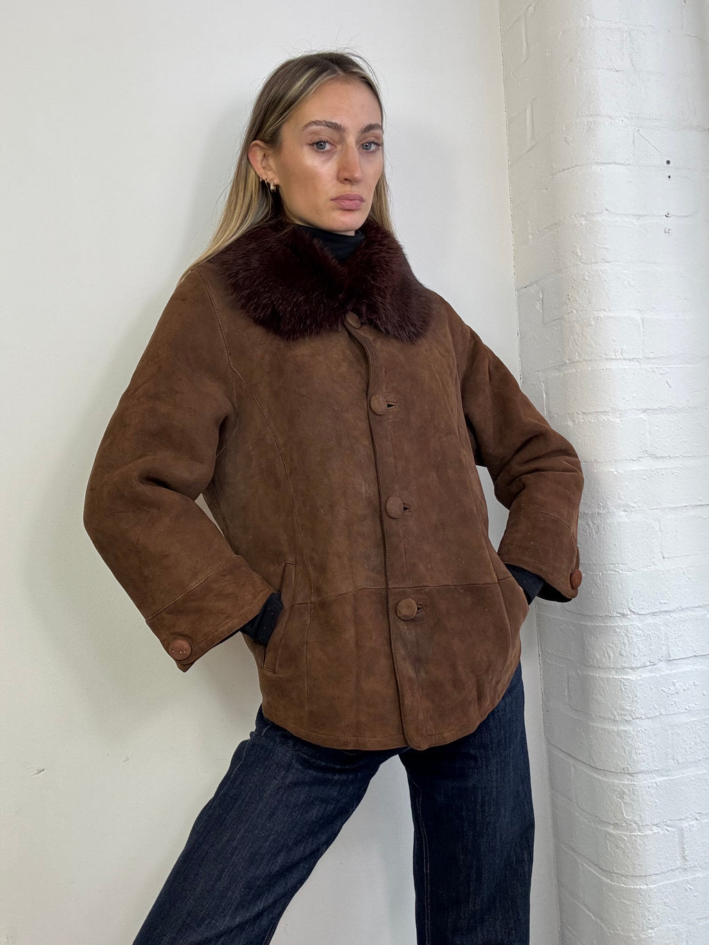 Vintage sheepskin coat with fox fur trim