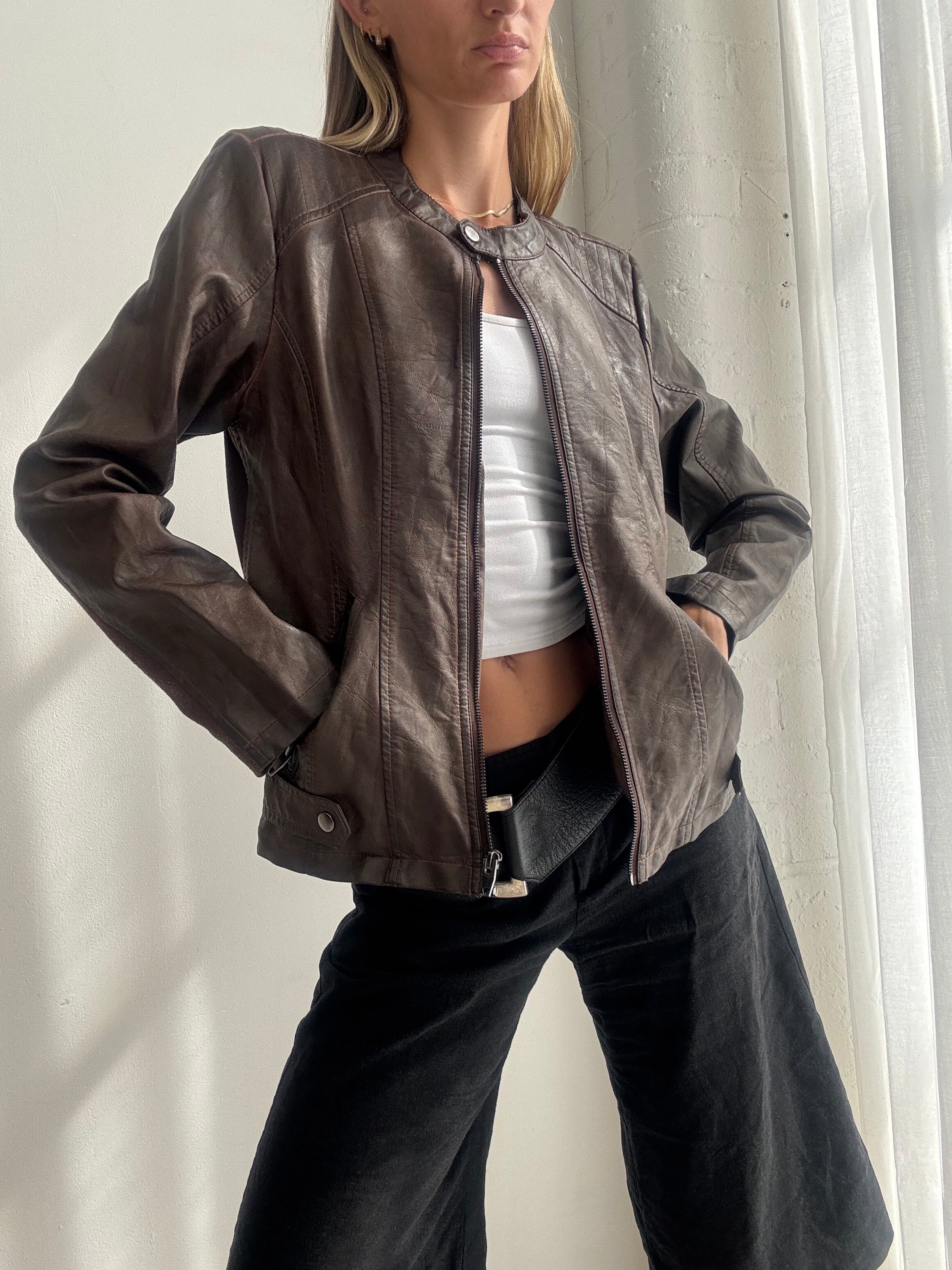Vintage Y2K Chocolate Brown Faux Leather Biker Jacket - Size M