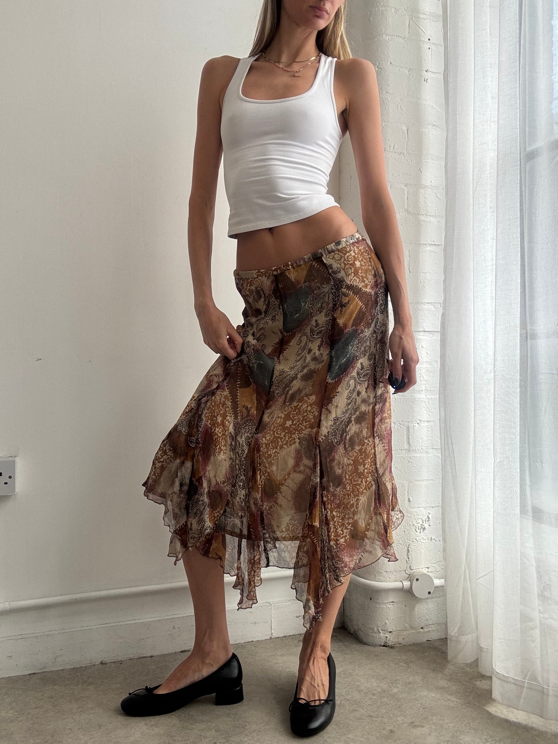 Vintage Y2K silk floral boho handkerchief midi skirt - Size M/L