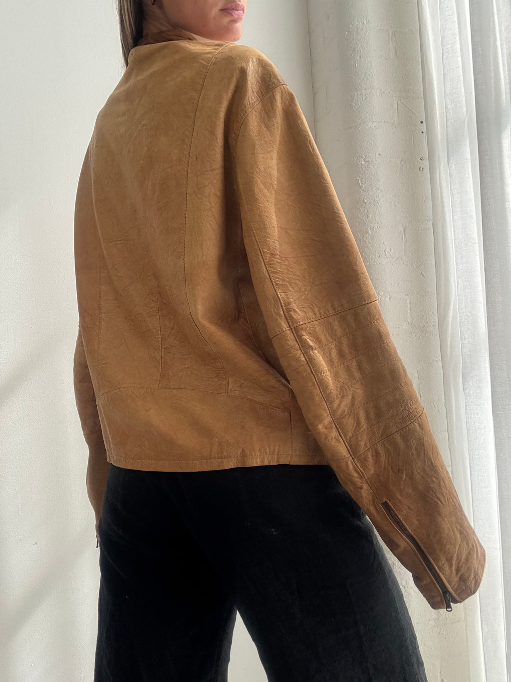 Vintage Y2K Tan Brown Leather Biker Jacket - Size L