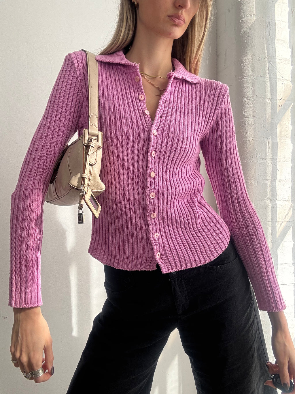 Vintage Y2K pink ribbed cardigan top - Size S
