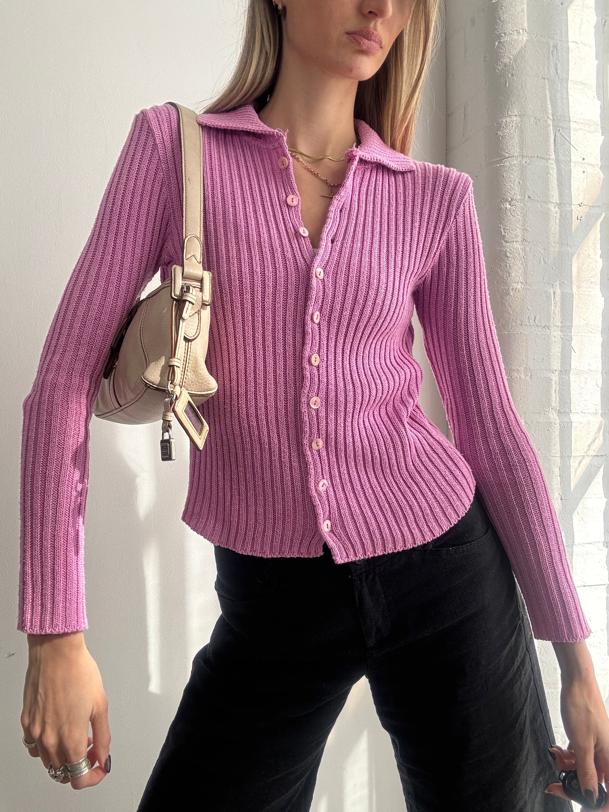 Vintage Y2K pink ribbed cardigan top - Size S