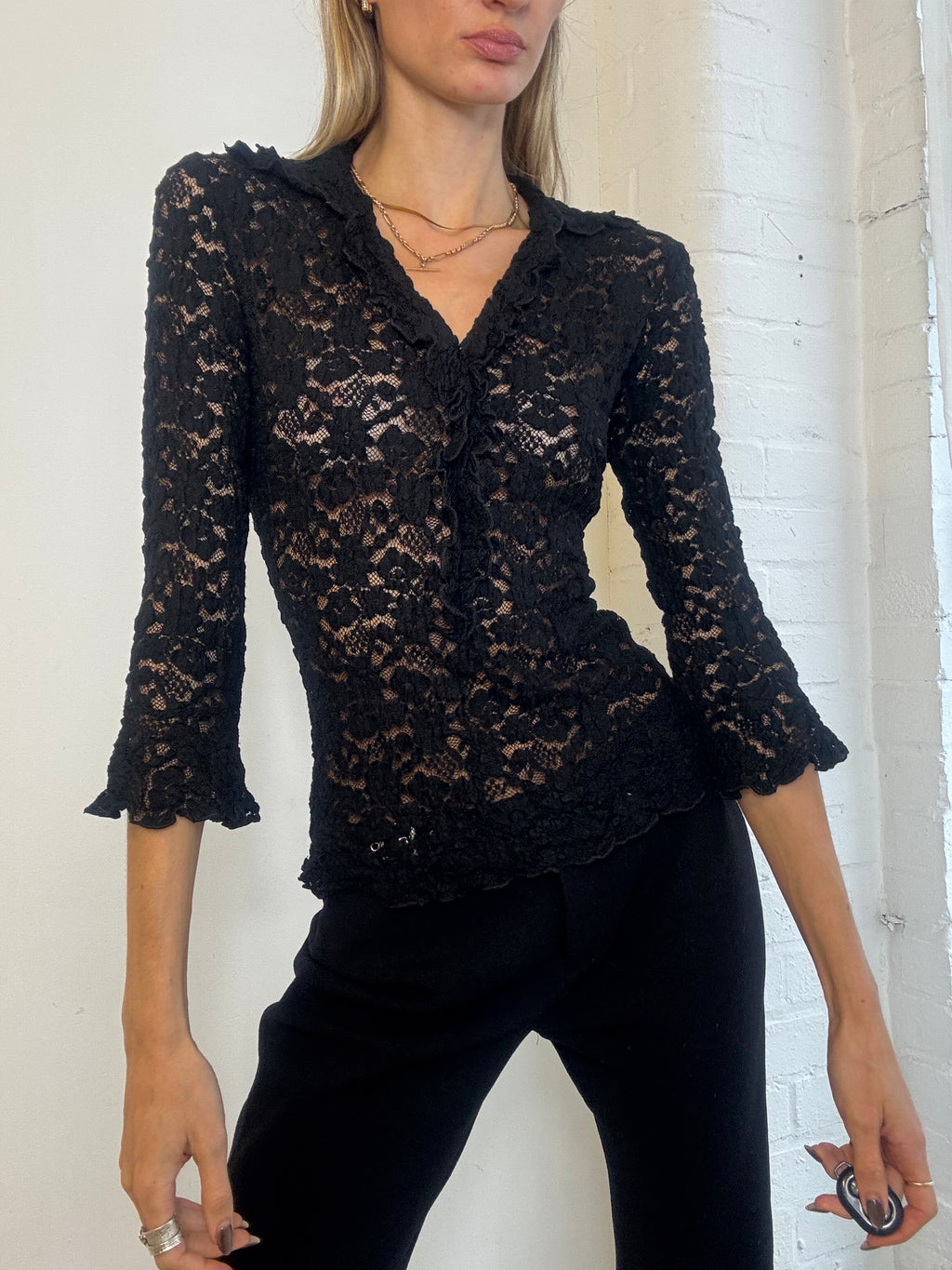 Vintage Y2K Black Sheer Lace Fluted Sleeve Shirt - Size M