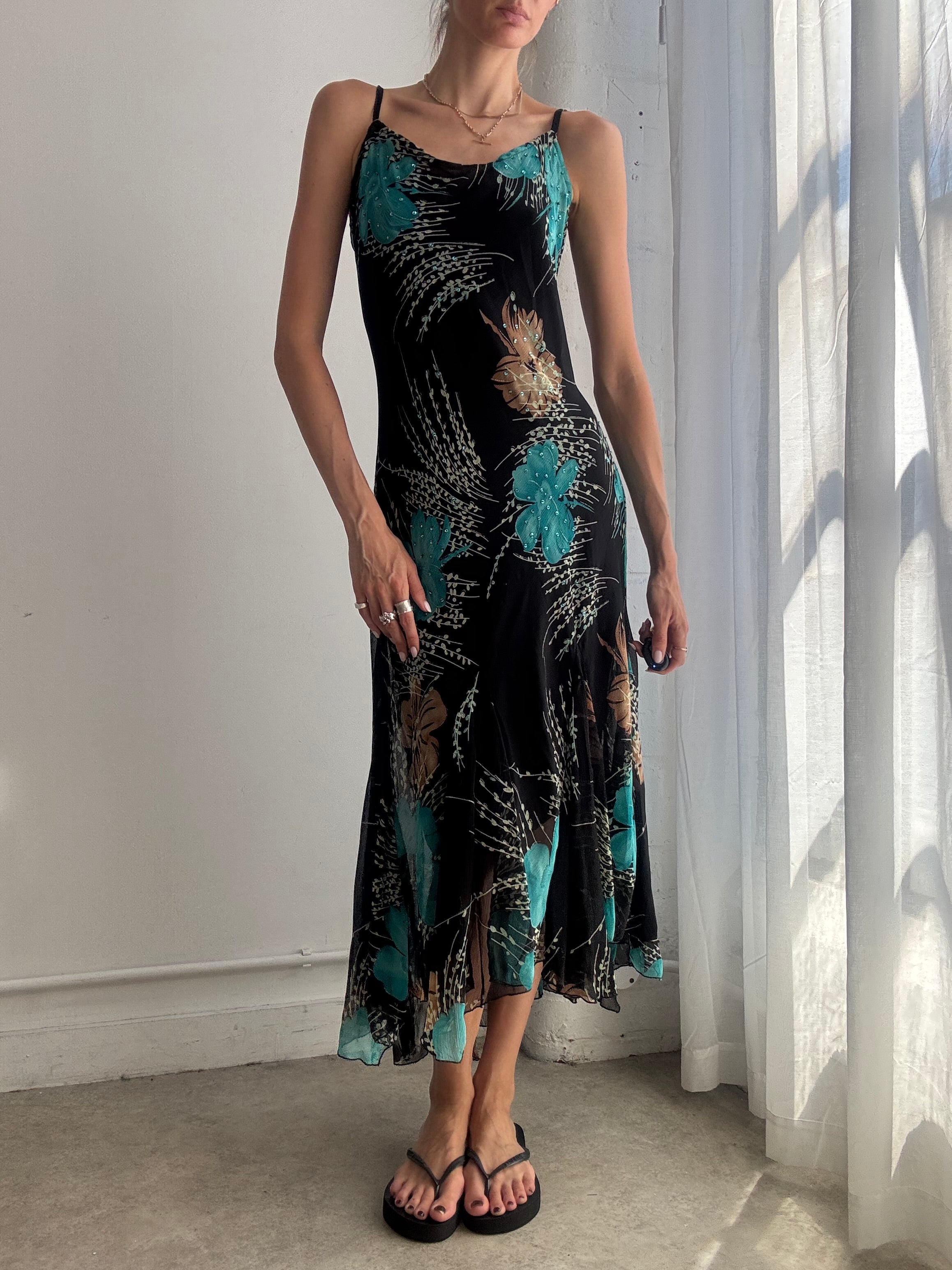 Vintage Tropical Floral Mesh Asymmetric Midi Dress Y2K - Size M/L