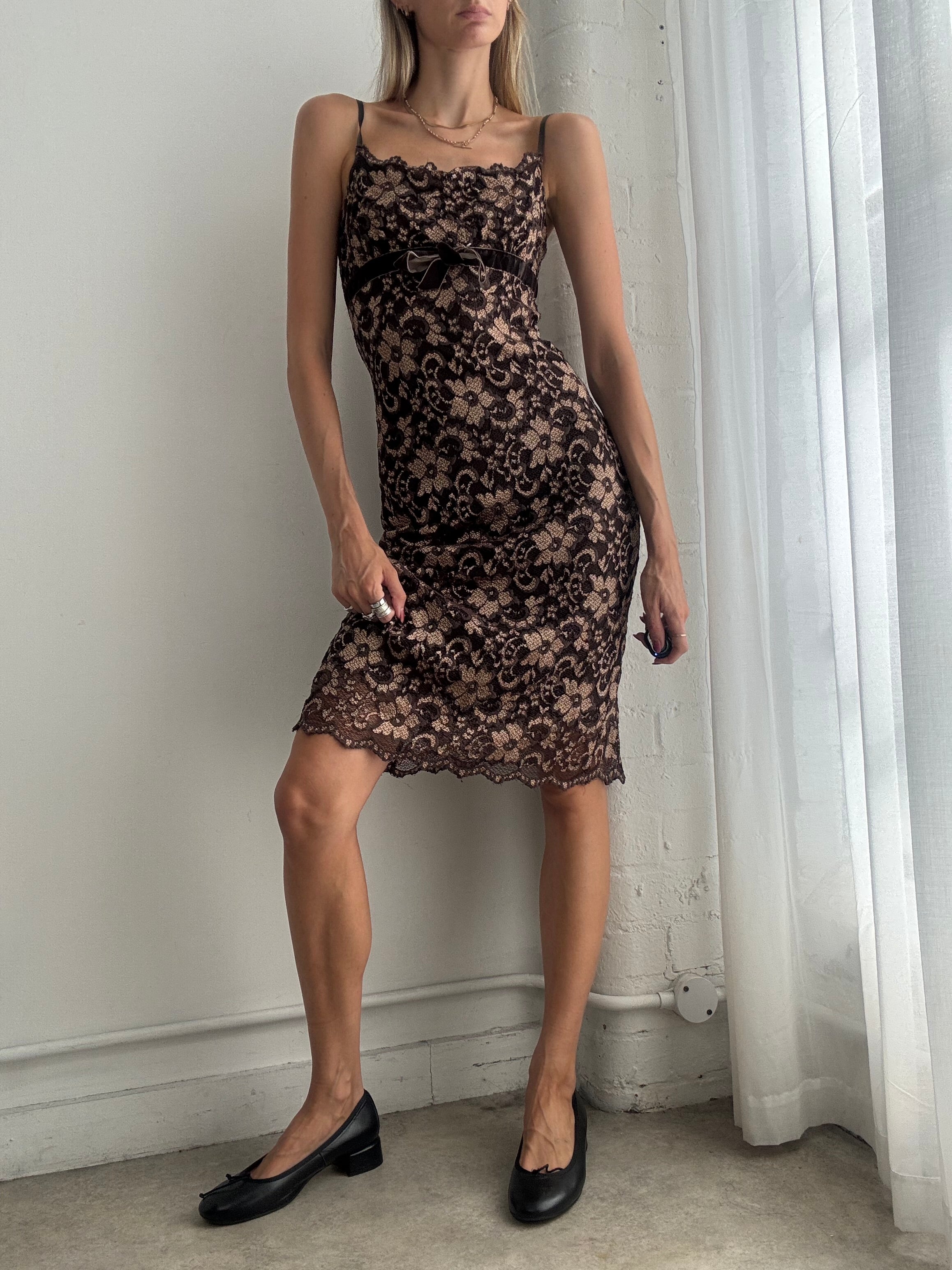 Vintage Y2K Brown Floral Lace Midi Dress - Size S