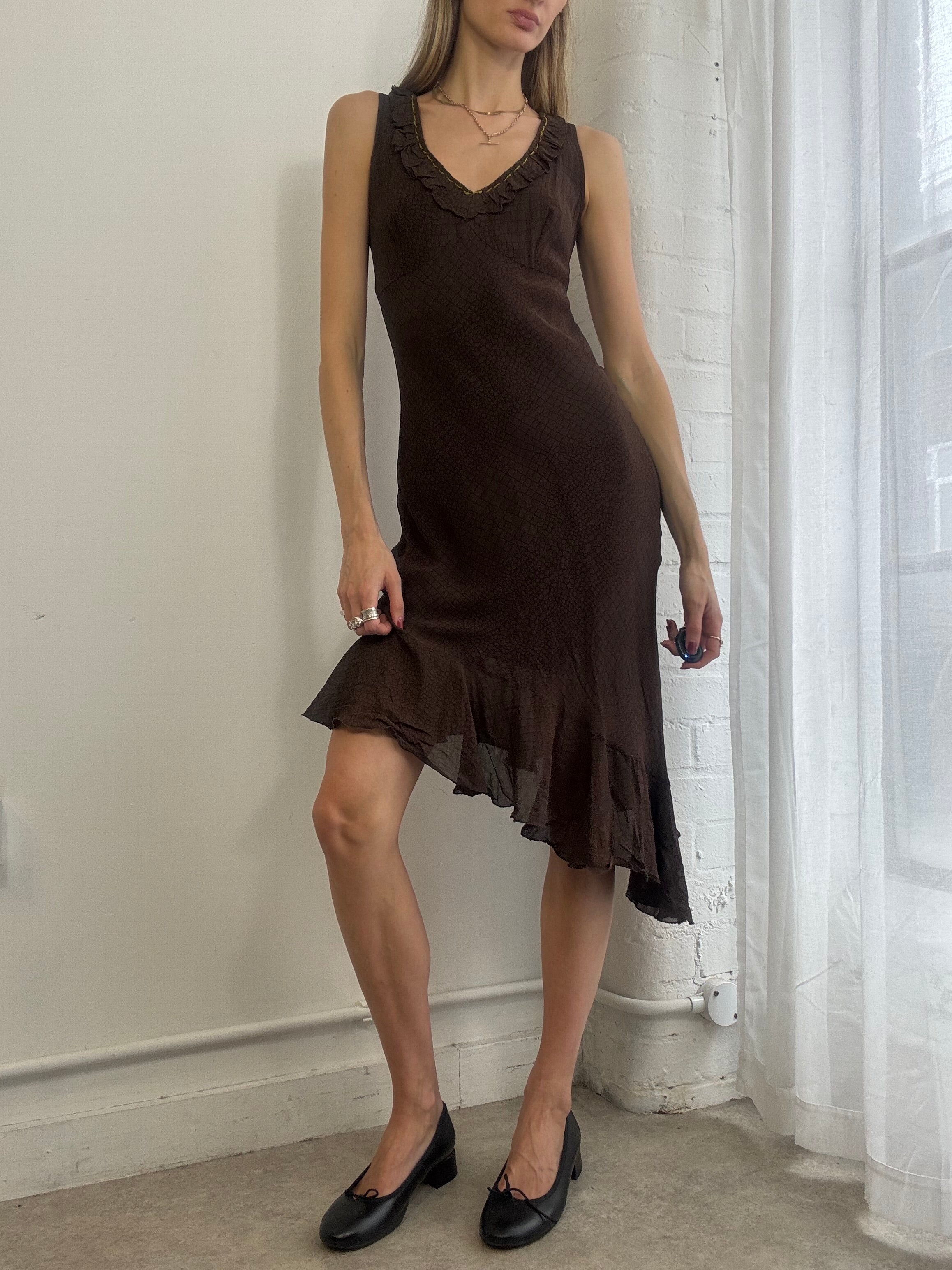 Vintage y2k Brown Asymmetric Ruffle Midi Dress Beaded