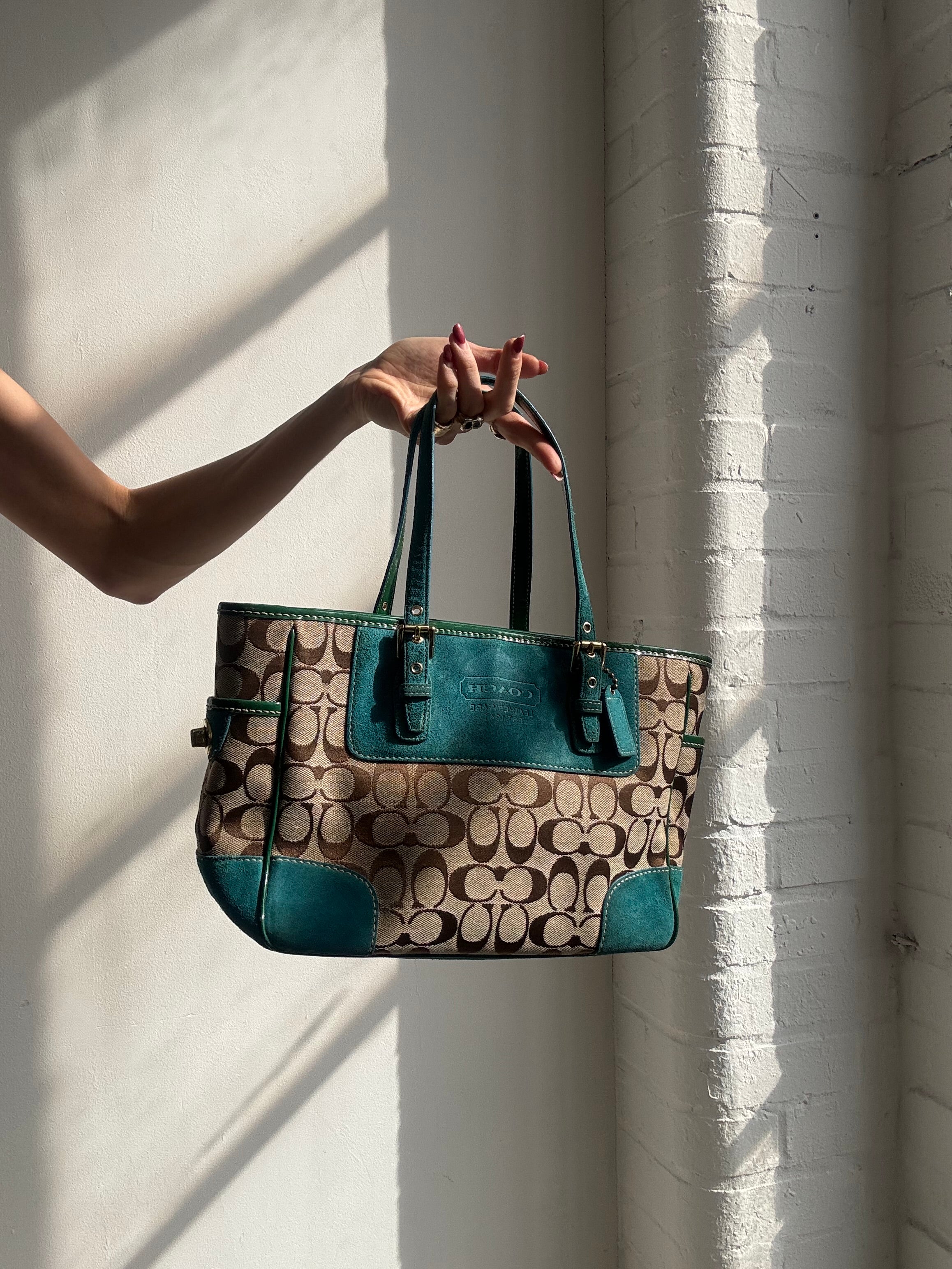 Vintage Y2K Coach monogram shoulder bag with teal suede