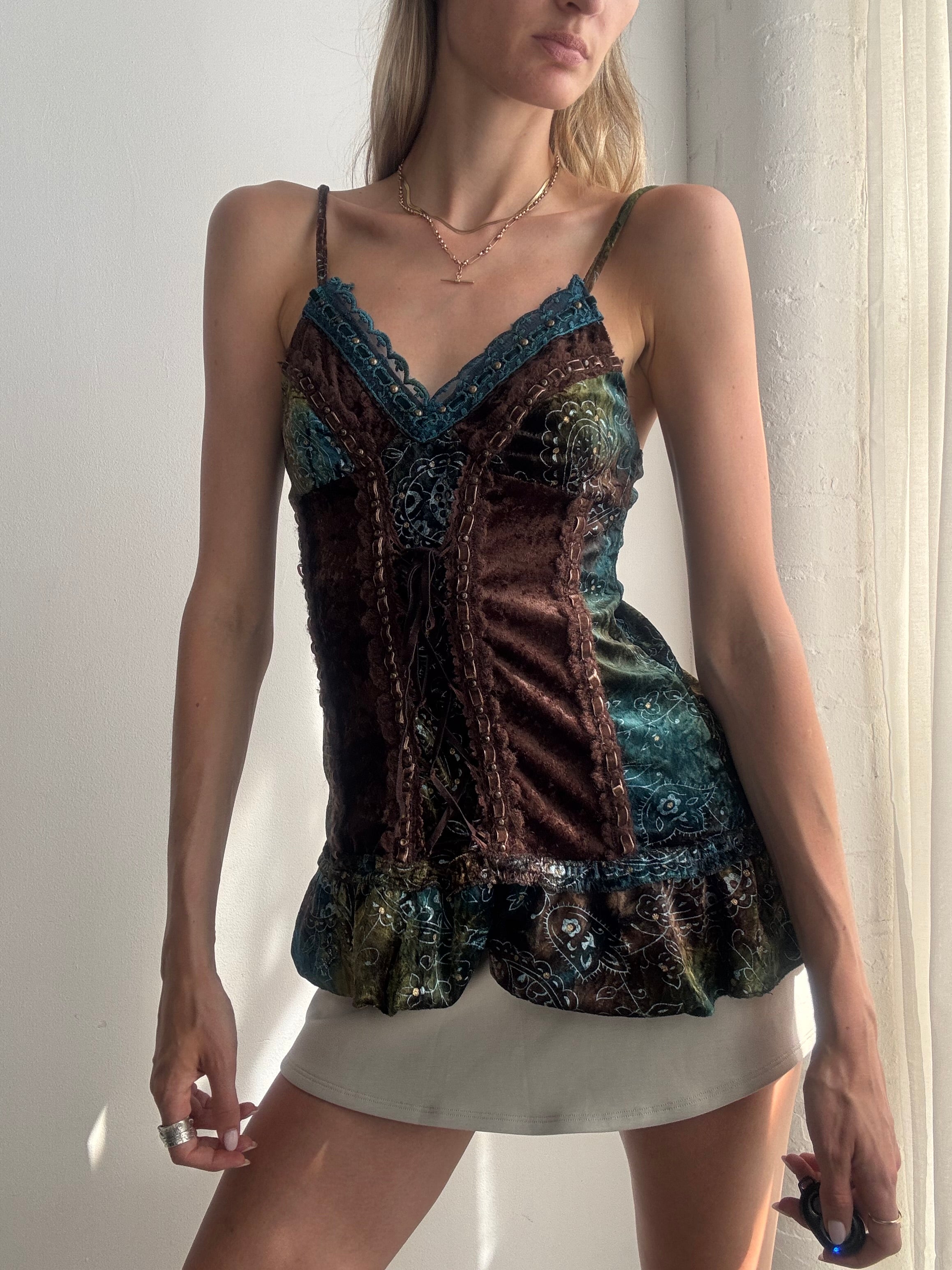 Vintage Y2K Velvet & Lace Paisley Corset Cami Top - Size XS/S