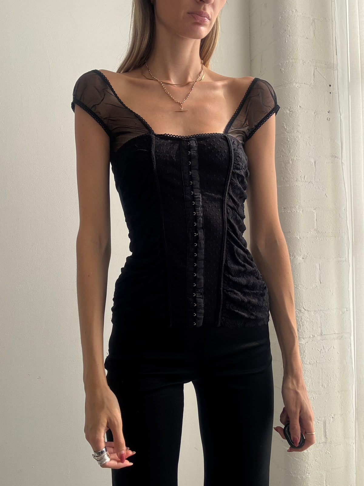 Vintage Y2K Black Mesh Corset Top - Size XS